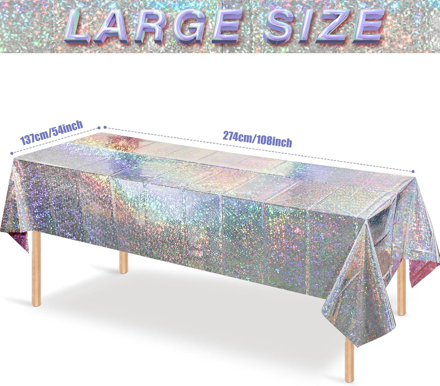 3 Pack New Iridescent Silver Tablecloth Party Decorations, Holographic Silver Glitter Plastic Tablecloth, Disposable Laser Rectangle Table Cover for Disco Birthday 70S Theme Party Decorations, 54X108"