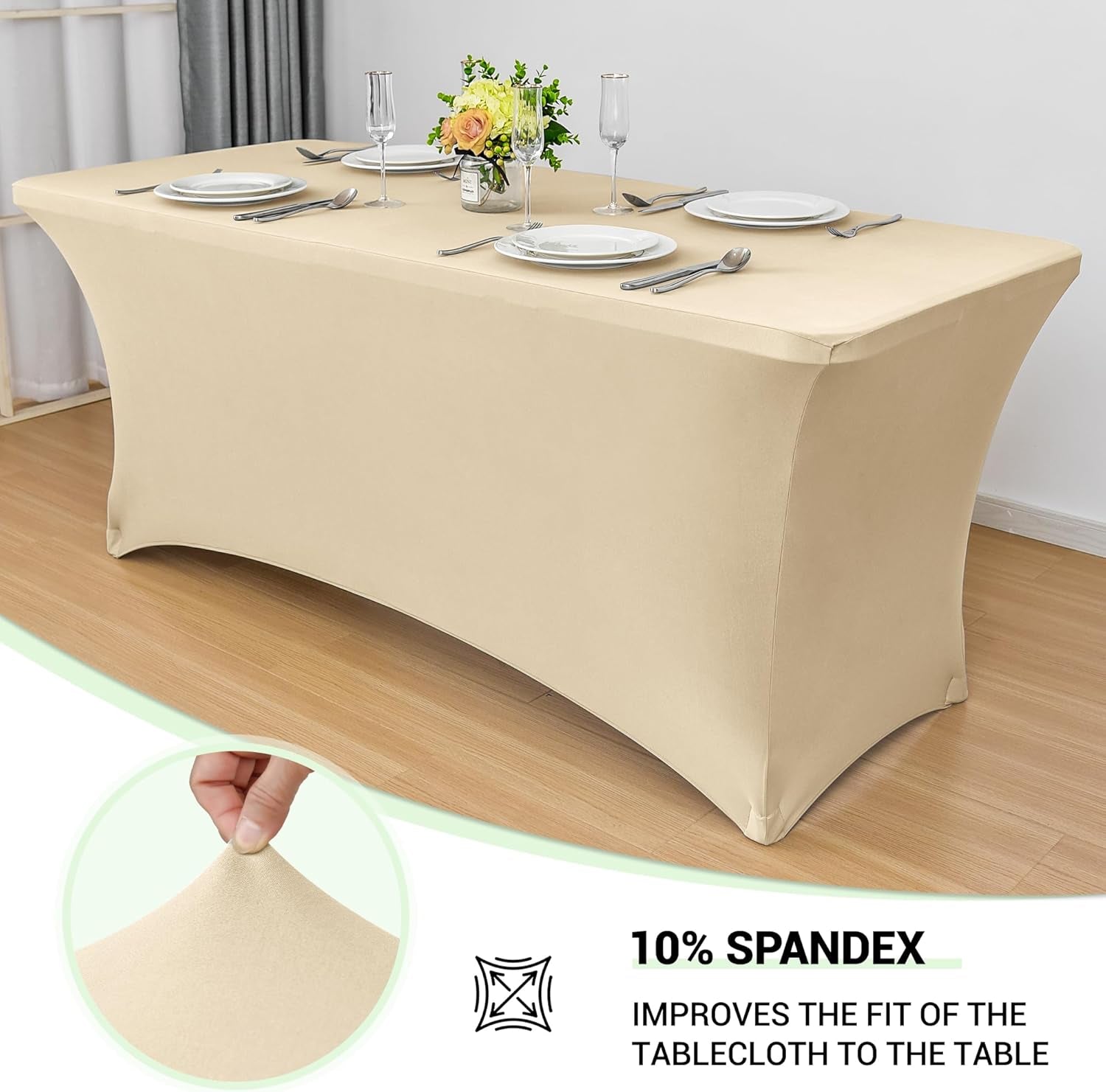 6Ft Stretch Spandex Table Cover for Standard Folding Tables - 2 Pack Universal Rectangular Fitted Tablecloth Protector for Wedding, Banquet and Party, 72L X 30W X 30H Inches, Champagne, 2Pc