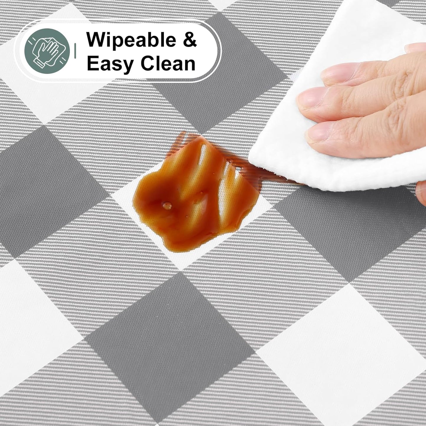 Buffalo Rectangle Picnic Tablecloth, 6 Foot Elastic Fitted Vinyl Table Cloth with Flannel Backing, Waterproof Plaid Table Covers for Dining, Camping, Outdoor (Grey and White, 30" X 72")