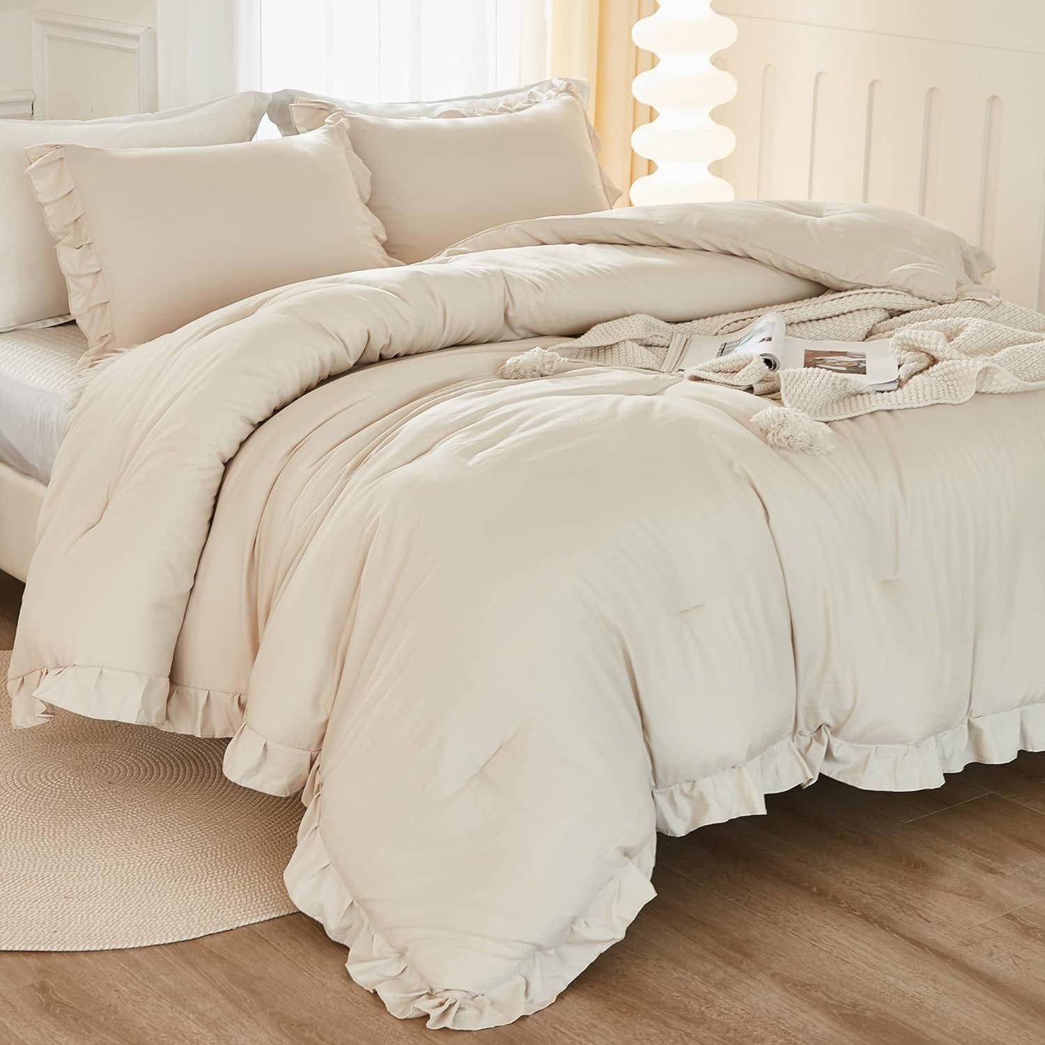 Comforter Full Size Set Beige, 3 Pieces Ruffle Lightweight Bedding Comforter Set, Fluffy Bed Set (79X90In Comforter, 2 Pillowcases)