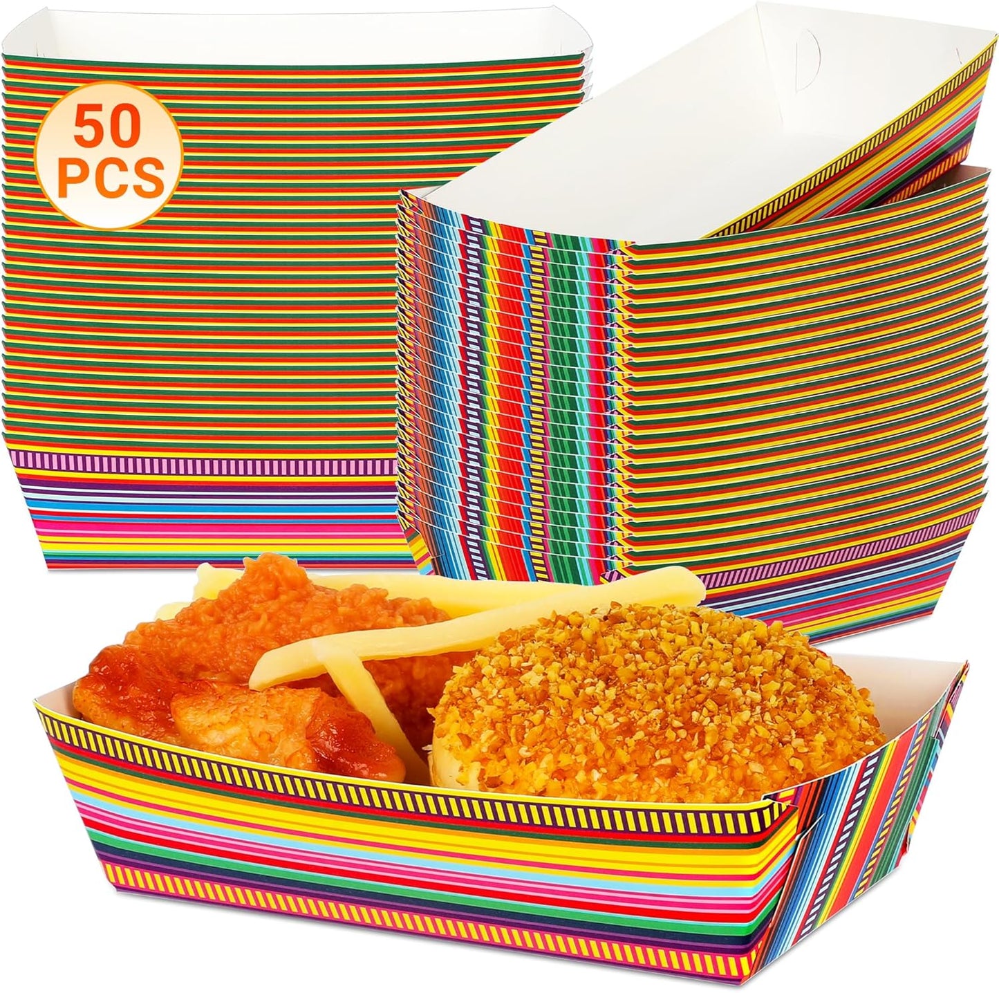 50 PCS Cinco De Mayo Decorations, Large Capacity Fiesta Plates, Serape Pattern Cinco De Mayo Paper Trays Mexican Food Trays Fiesta Hot Dog Trays, Disposable Mexican Theme Party Decorations