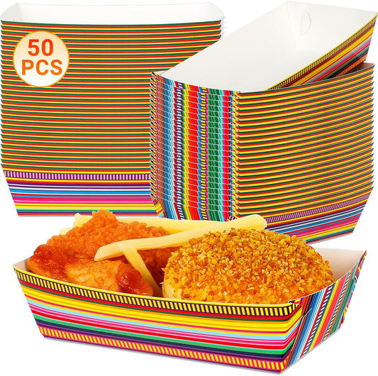50 PCS Cinco De Mayo Decorations, Large Capacity Fiesta Plates, Serape Pattern Cinco De Mayo Paper Trays Mexican Food Trays Fiesta Hot Dog Trays, Disposable Mexican Theme Party Decorations