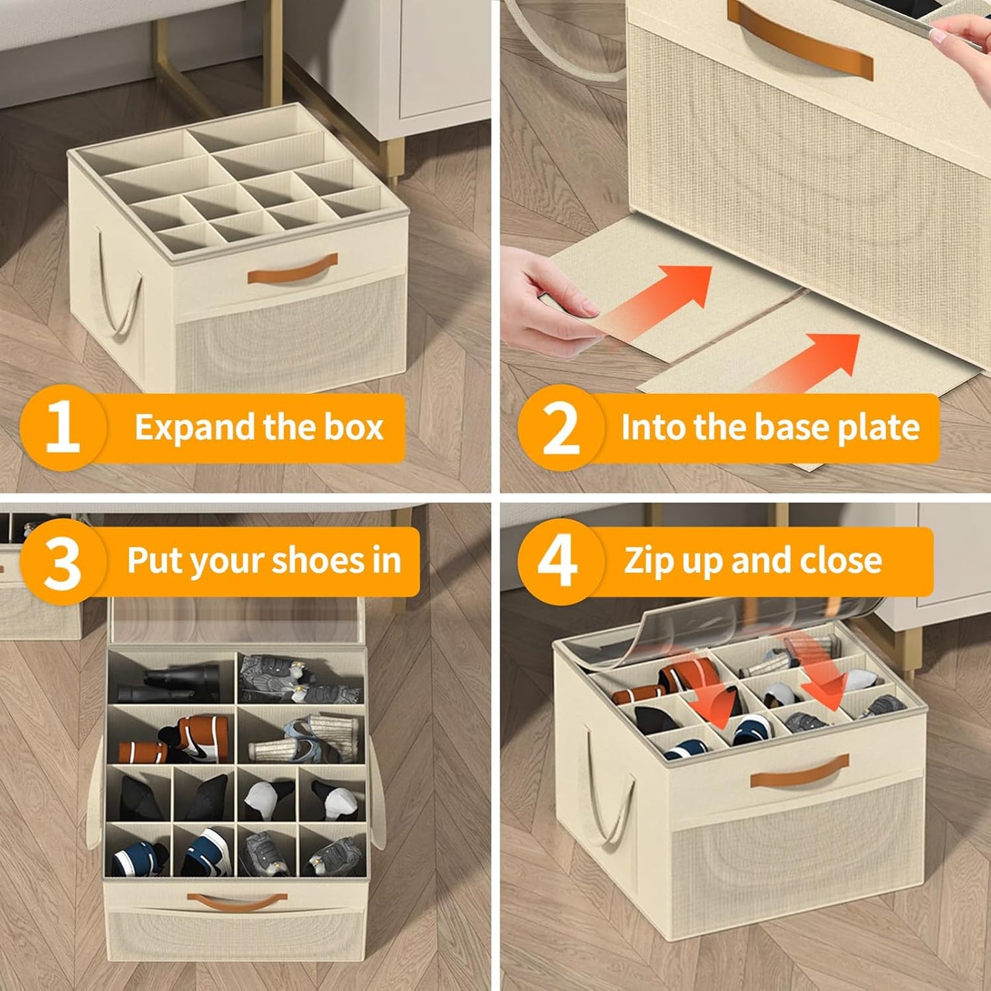 Shoe Storage Organizer for Closet, Large Shoe Box Storage Containers with Clear Cover and Reinforced Handles, Foldable Shoe Storage Organizer Box Bin, Fits to 12-16 Pairs, 2 Pack (Beige)