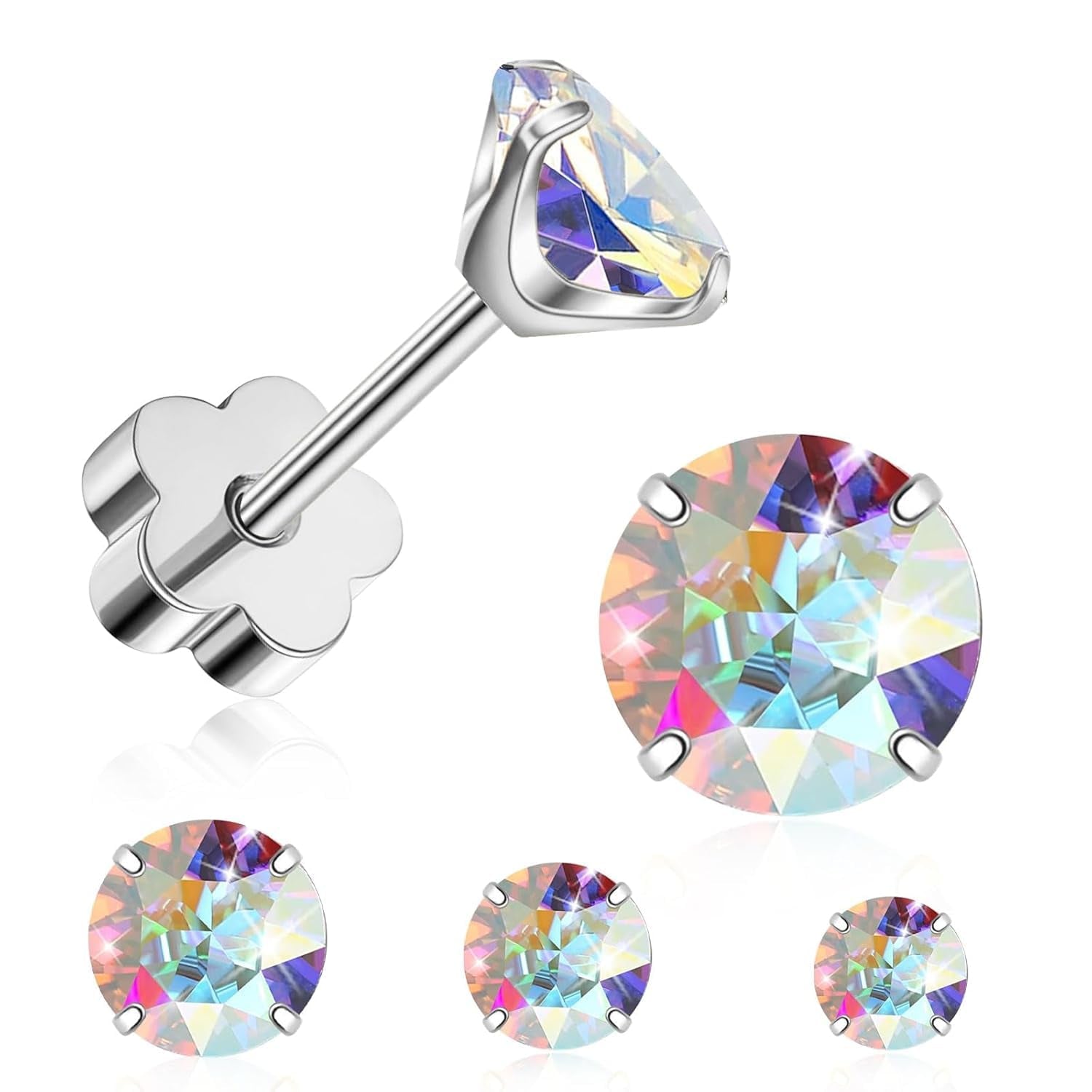 Flat Back Earrings 4Mm Stud Earrings for Women, Cubic Zirconia Stud Earrings Hypoallergenic Spiral Ear Cartilage Earlobe Silver Earrings (4Mm)