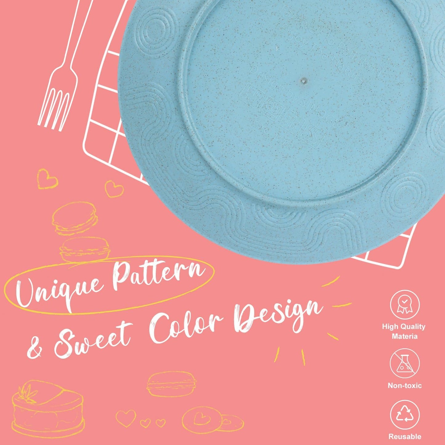 Wheat Straw Plates Set - 6 Reusable 9-Inch Unbreakable Microwave-Safe Plates for Desserts, Camping, RV, Outdoors, and Kitchen Essentials (Macaron Series)