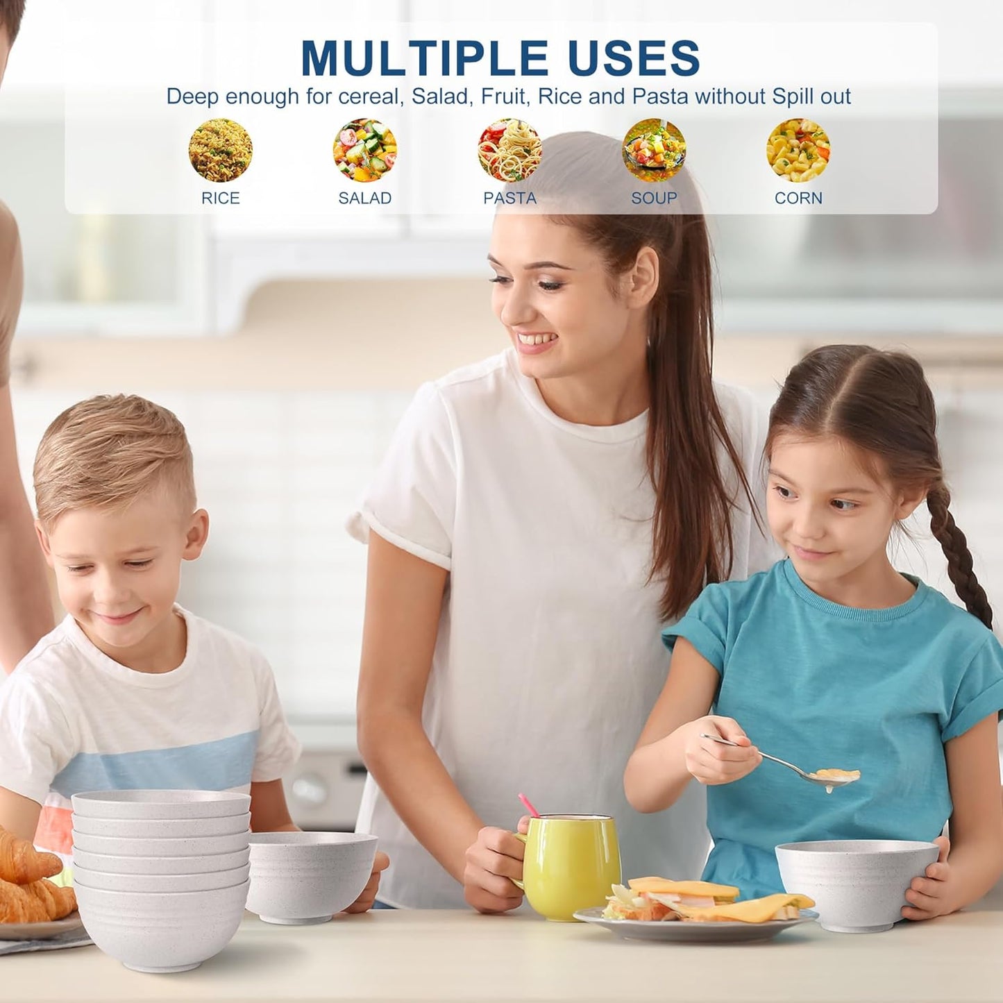 Unbreakable Wheat Straw Cereal Bowls - Microwave & Dishwasher Safe Soup and Salad Bowls BPA Free, Set of 8, 26Oz, White