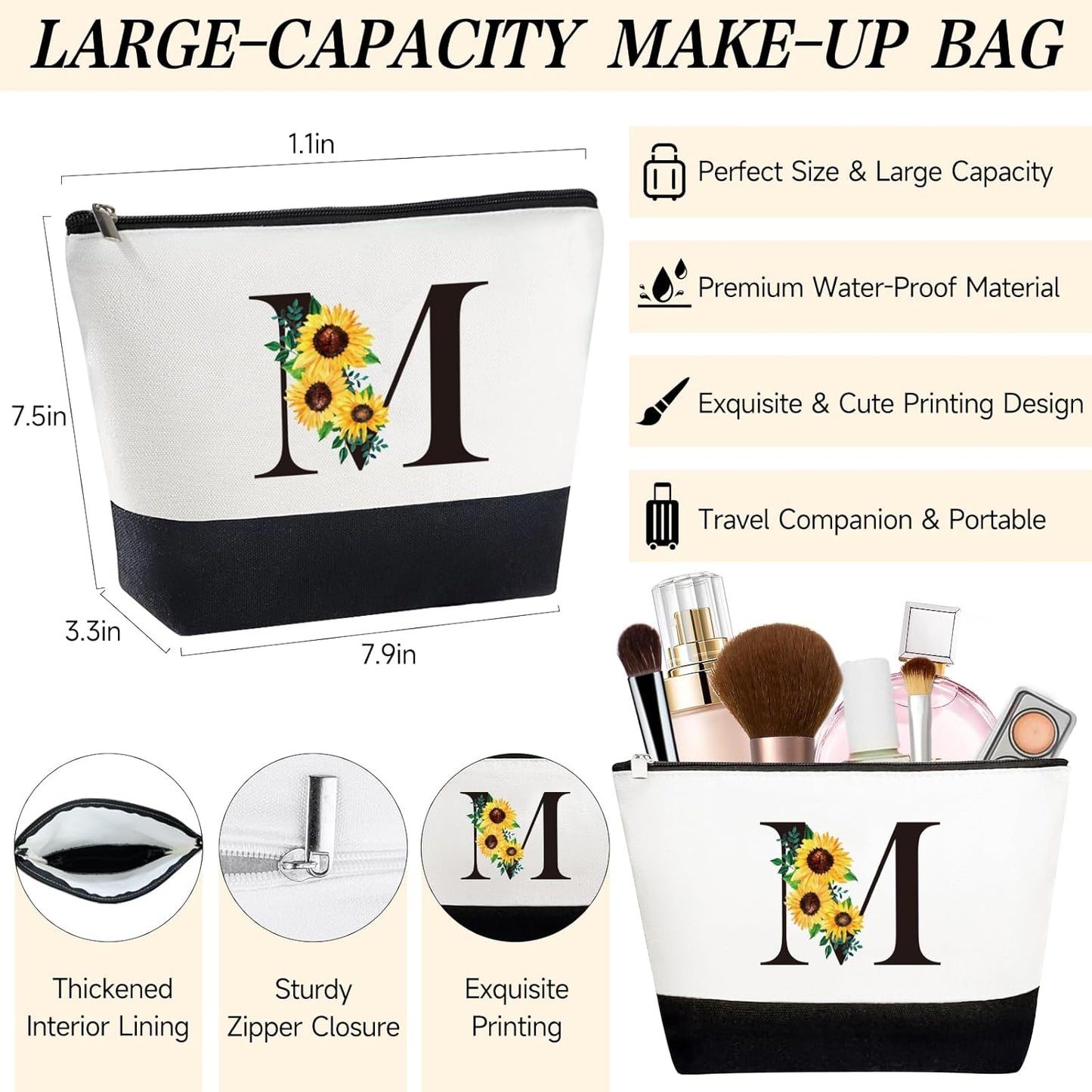Personalized Gifts for Women, Monogrammed Gifts for Women, Initial Monogram Gift Sunflower Birthday Gift for Mom Sister Best Friends - Monogrammed Canvas Tote Bag & Makeup Bag & Glass Cup M
