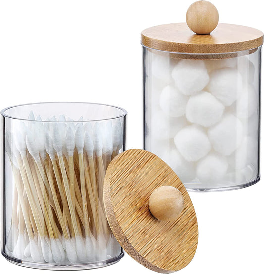2 Pack Qtip Holder Dispenser with Bamboo Lids - 10 Oz Clear Plastic Apothecary Jar Containers for Vanity Makeup Organizer Storage - Bathroom Accessories Set for Cotton Swab, Ball, Pads, Floss
