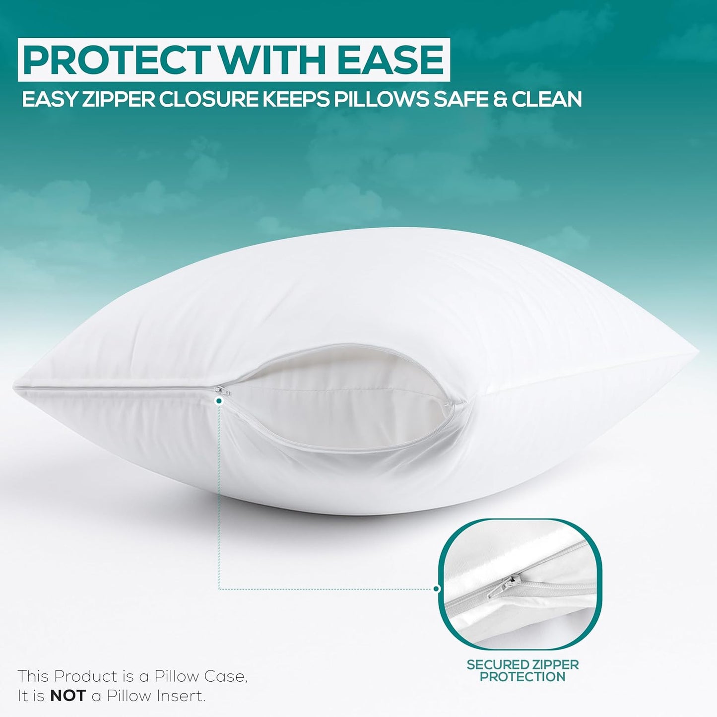 Waterproof Pillow Protectors Zippered Standard Size (2 Pack, White), Zippered Pillowcases, Bed Bug Proof Pillow Encasement Covers 20 X 26 Inches