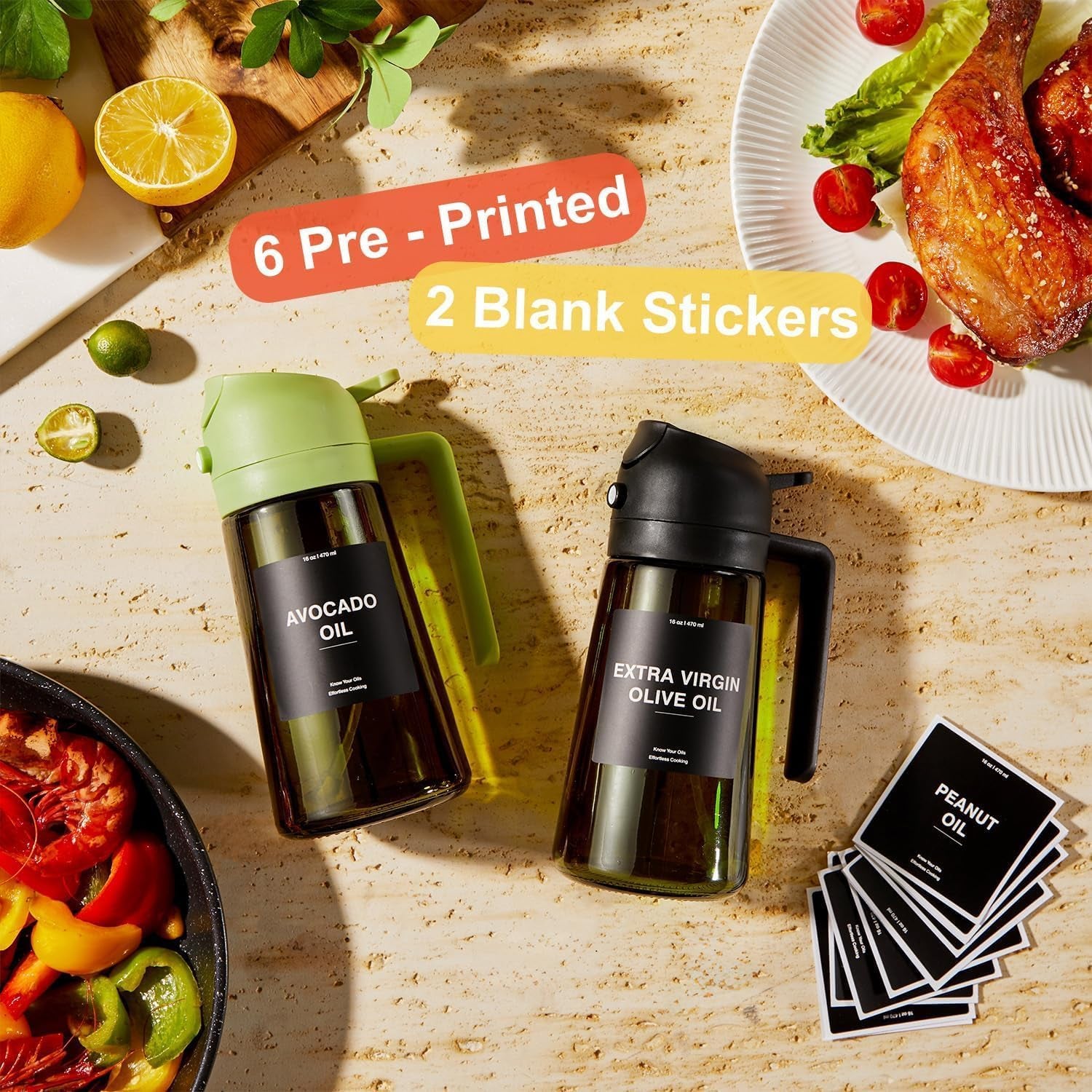 - 16Oz/470Ml Olive Oil Dispenser for Kitchen with Stickers - 2 in 1 Olive Oil Sprayer for Cooking, Air Fryer, and Salad, Black&Purple (Light-Proof Kitchen Gadget)