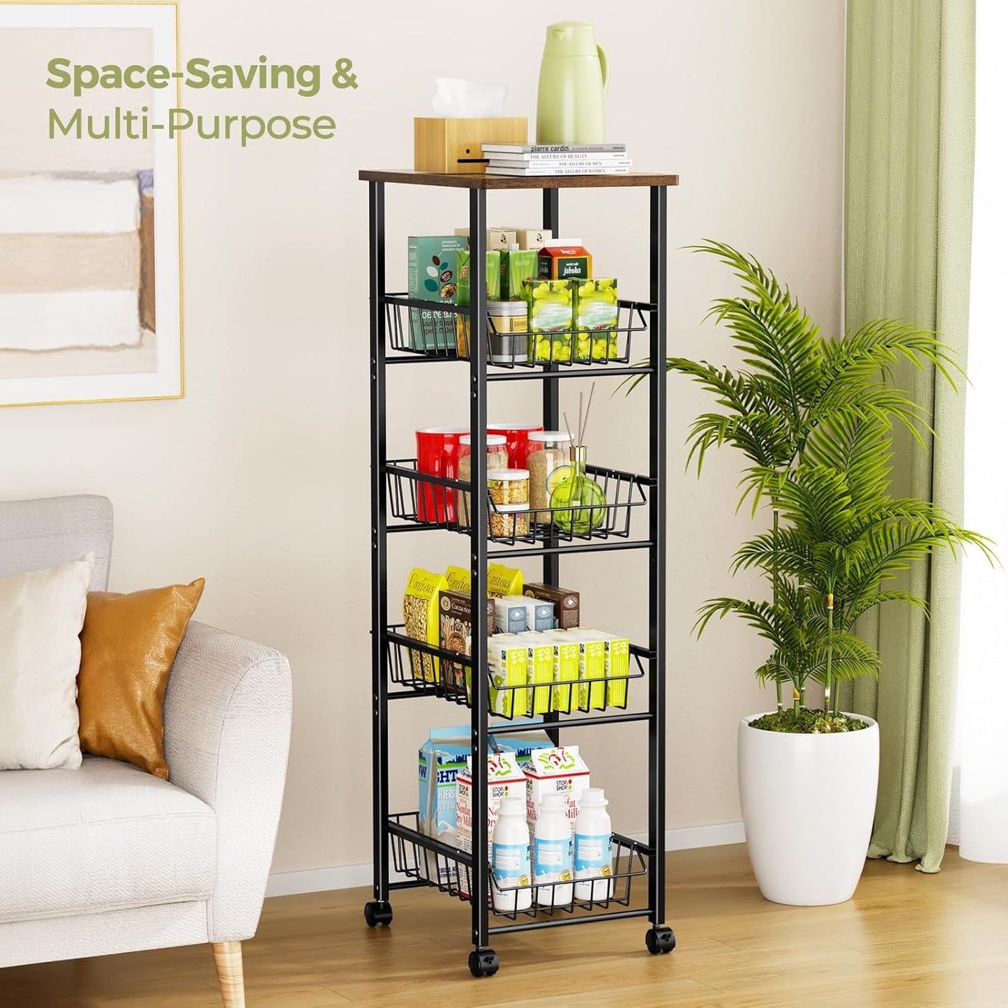 Fruit Vegetable Basket for Kitchen,5 Tier Kitchen Organizer and Storage Cart with Wheels,Slide-Out Baskets and Wood Top,Pantry Storage Cart W11-4/5*D16-7/16*H42-7/16