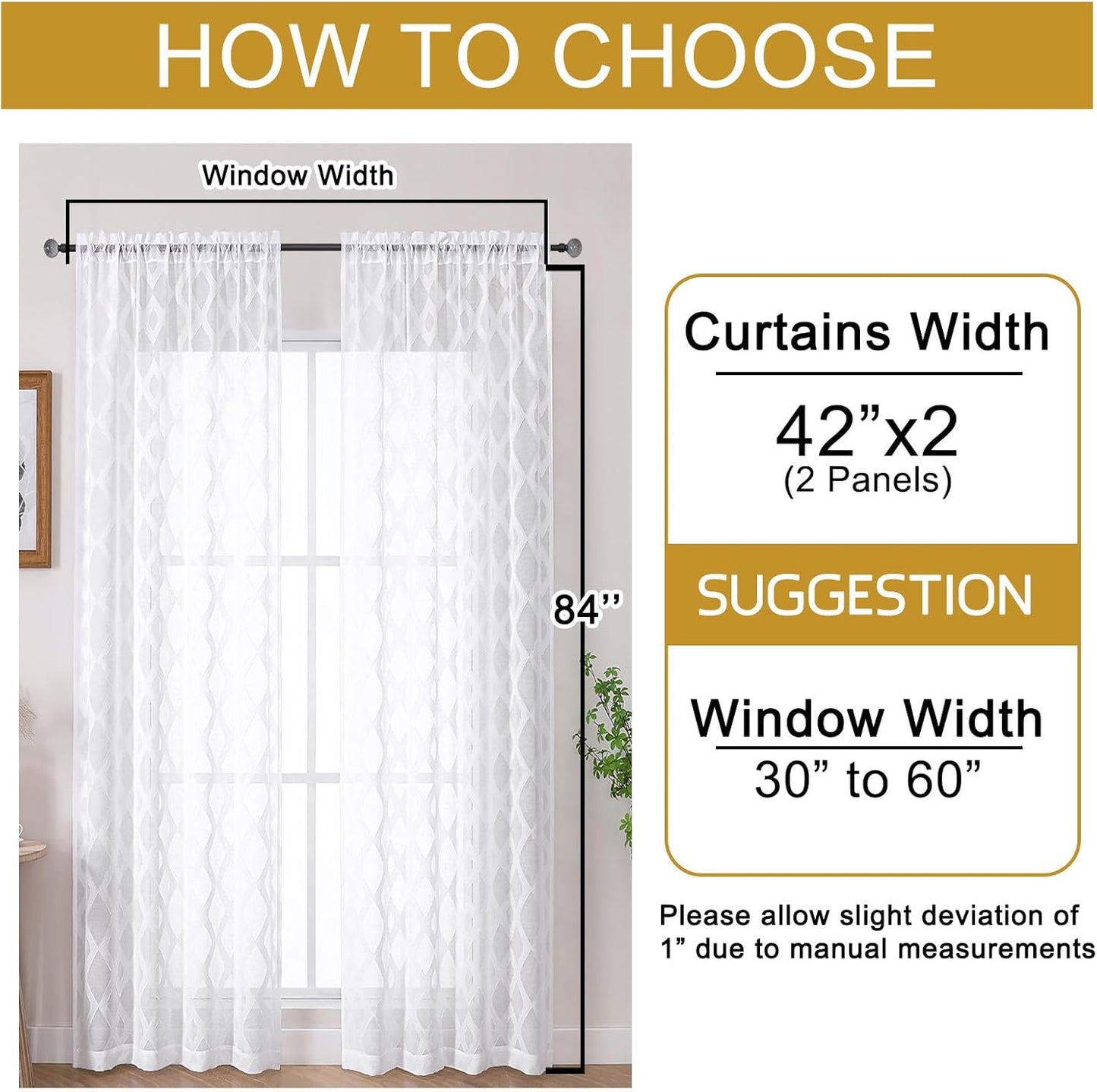 Sheer White Curtains 84 Inches Long 2 Panels Set for Bedroom, Light Filtering Geometric Jacquard Clip Textured Window Curtain, Modern Farmhouse Curtains for Living Room, Total Wide 84" Inch