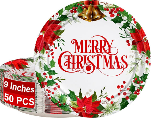 50 PCS Christmas Paper Plates, 9'' Christmas Party Plates, Disposable Holly Poinsettia Design Merry Christmas Holiday Dinnerware for Xmas Party Supplies Christmas Decorations