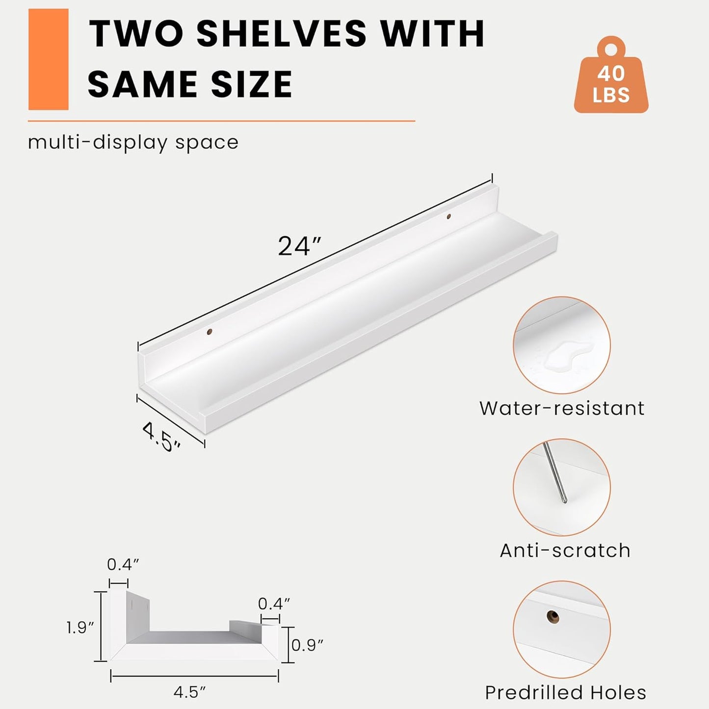 Picture Ledge Shelf, Floating Shelves Set of 2, 24 Inches Picture Shelf for Wall with Ledge, Kids Bookshelf Wall Mounted for Living Room Bedroom Decor Books Photo Frames - White