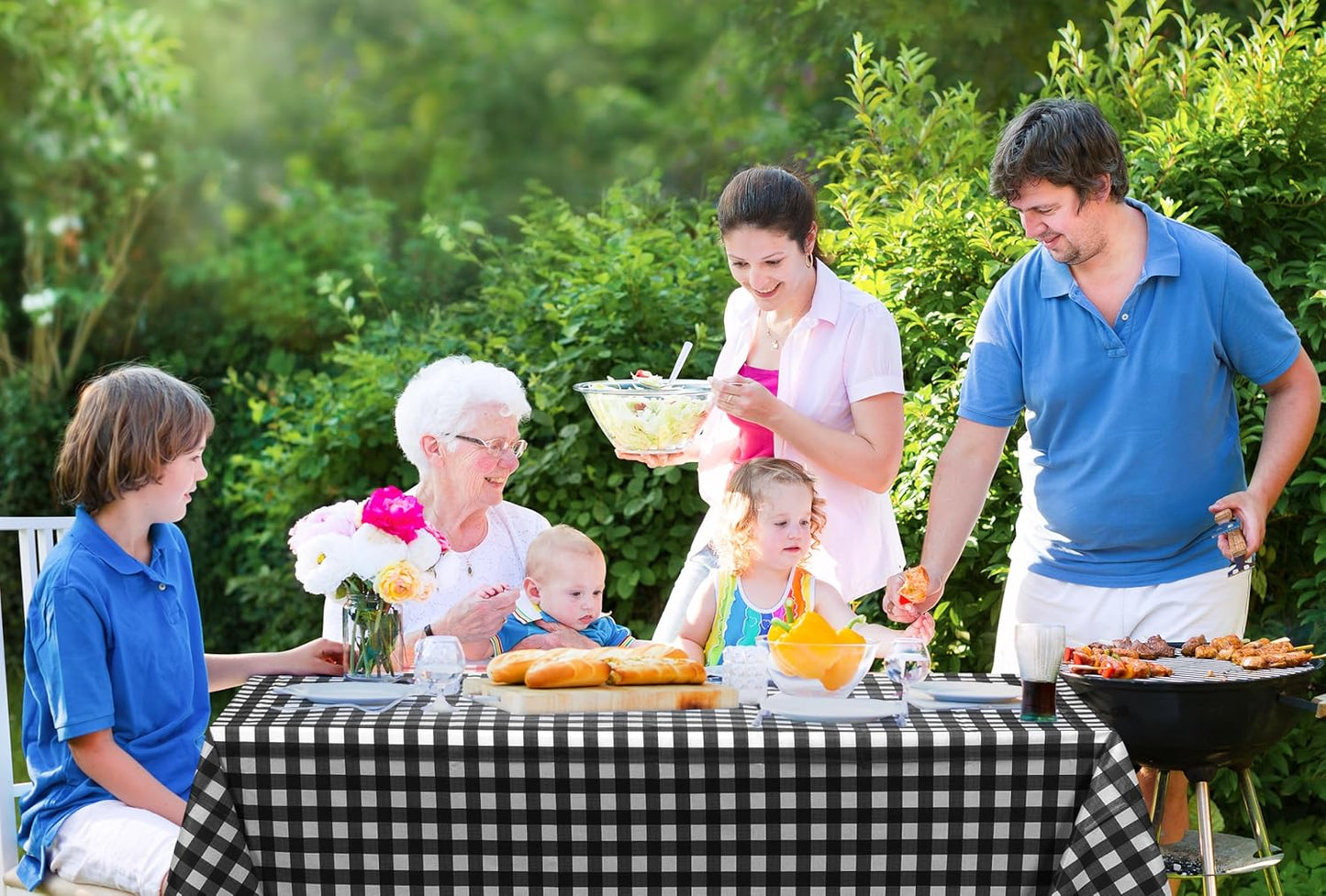 Plastic Table Cloth Disposable (12 Pack - 54X108 Inch) Black Check Rectangle Tablecloth Waterproof Stain Resistant Party Table Cover