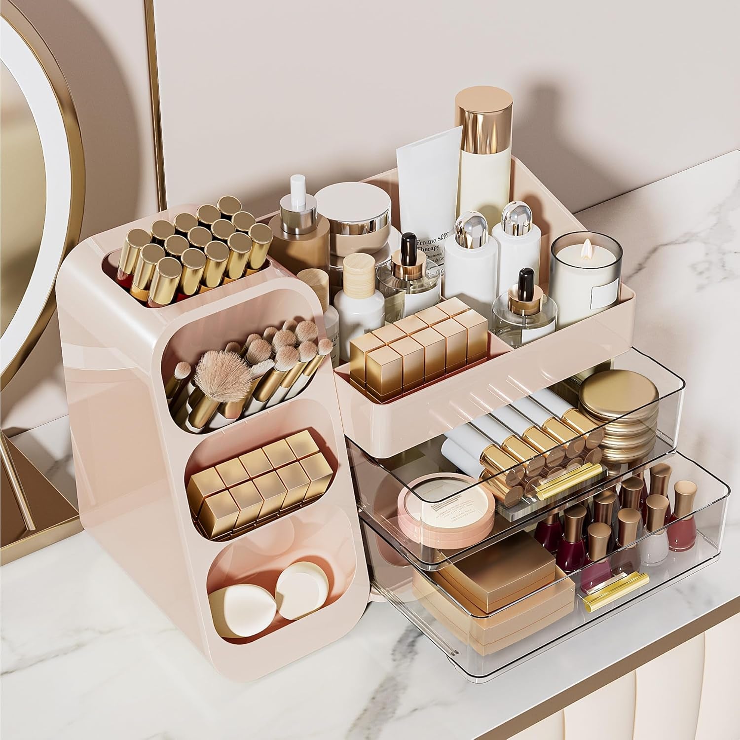 Makeup Organizer with Drawers for Vanity, Spacious Cosmetic Display Case with Makeup Brush Holder, Perfect Vanity Bathroom Organizer and Storage Solution for Skincare & Beauty Essentials, Pink