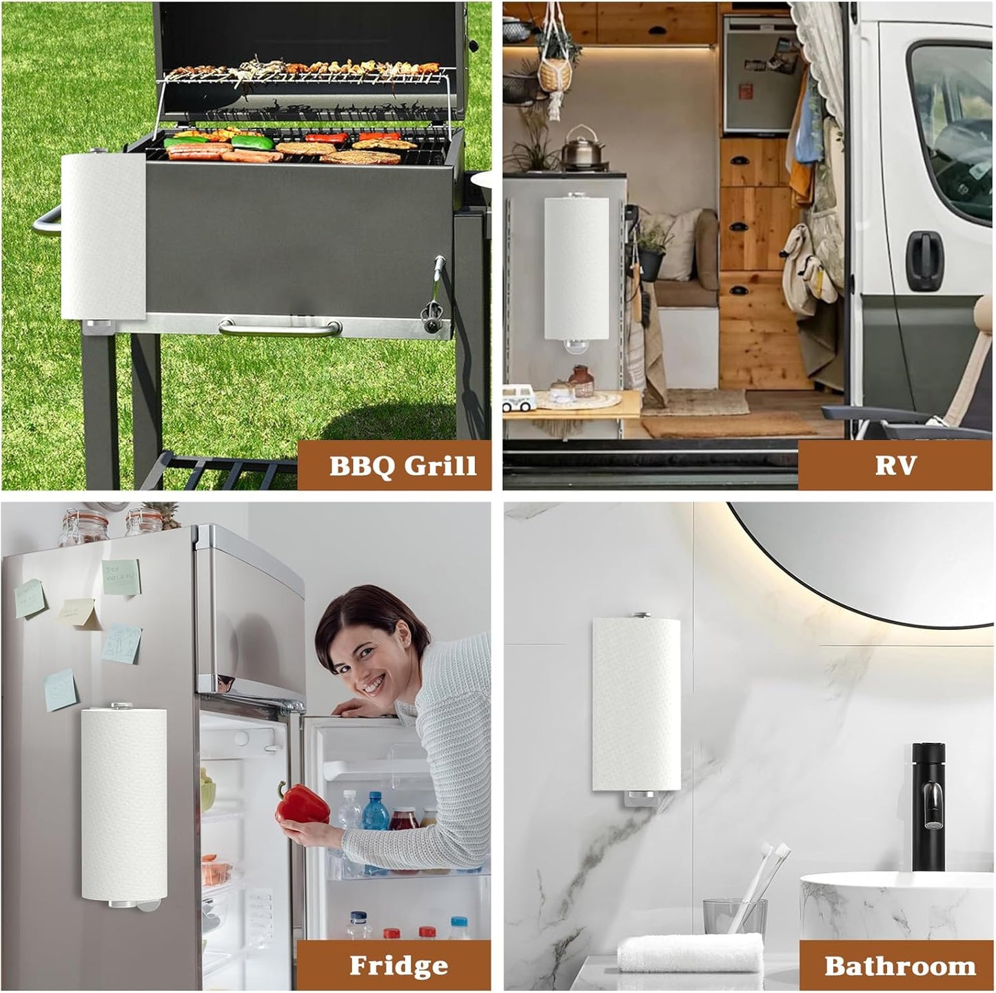 Magnetic Paper Towel Holder for Fridge - No Drill, One Hand Tear with Ratchet Mechanism, Silver, Self-Adhesive & Wall Mount for Kitchen, RV, Garage