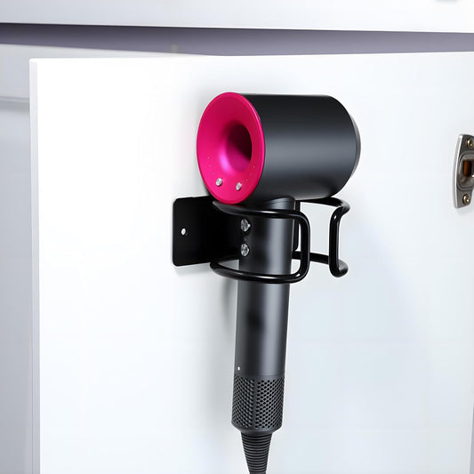 Wall-Mounted Universal Hair Dryer Holder, Self-Adhesive Stainless Steel Rack Compatible with Most Hair Dryers for Bathroom Cabinet (Black)
