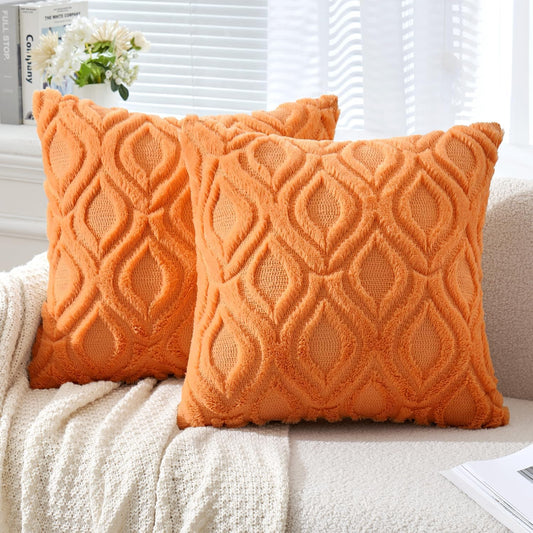 Bright Orange Fall Throw Pillow Covers, 18x18 Inch Soft Plush Faux Wool Set of 2, Decorative Farmhouse Boho Cushions for Sofa and Living Room Home Decor