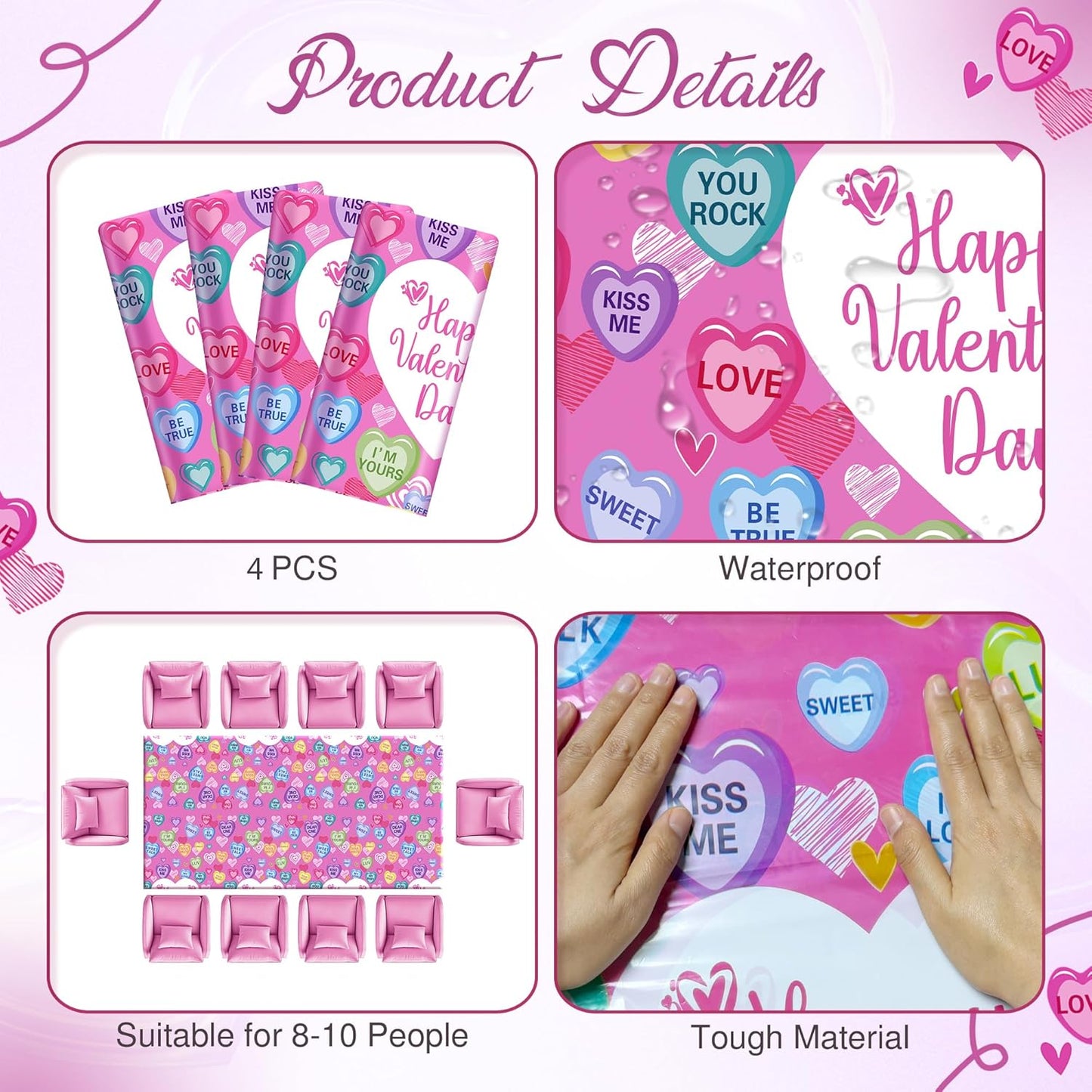 Set of 4 Disposable Waterproof Tablecloths, 54x108 inches, Featuring Love Hearts and Text for Galentine's Day, Weddings, Anniversaries, Engagements, and Celebrations