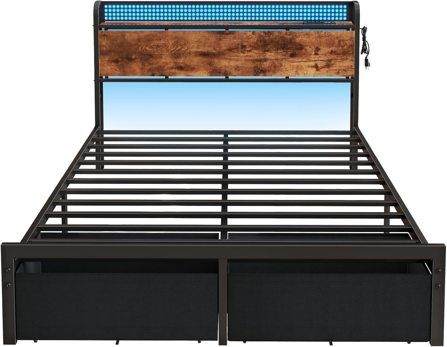 Queen Size Platform Bed Frame with Headboard, Integrated Storage Drawers, Charging Station, LED Lighting, No Box Spring Required, Noise-Free Design