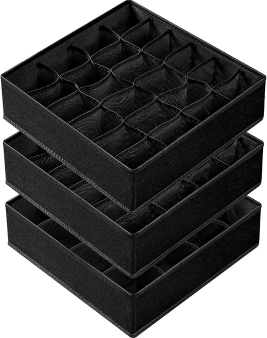 3 Pack Sock Underwear Organizer Dividers, 64 Cell Fabric Foldable Cabinet Closet Organizers and Storage Boxes for Storing Socks, Underwear, Ties (16+24+24 Cell, Black)