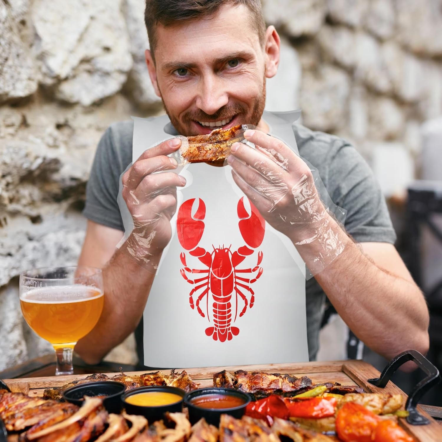 200-Count Disposable Crawfish Bibs and Party Supplies Set: Includes 50 Lobster Bibs, 50 Moist Towelettes, and 100 Pairs of Plastic Gloves for Seafood Festivities