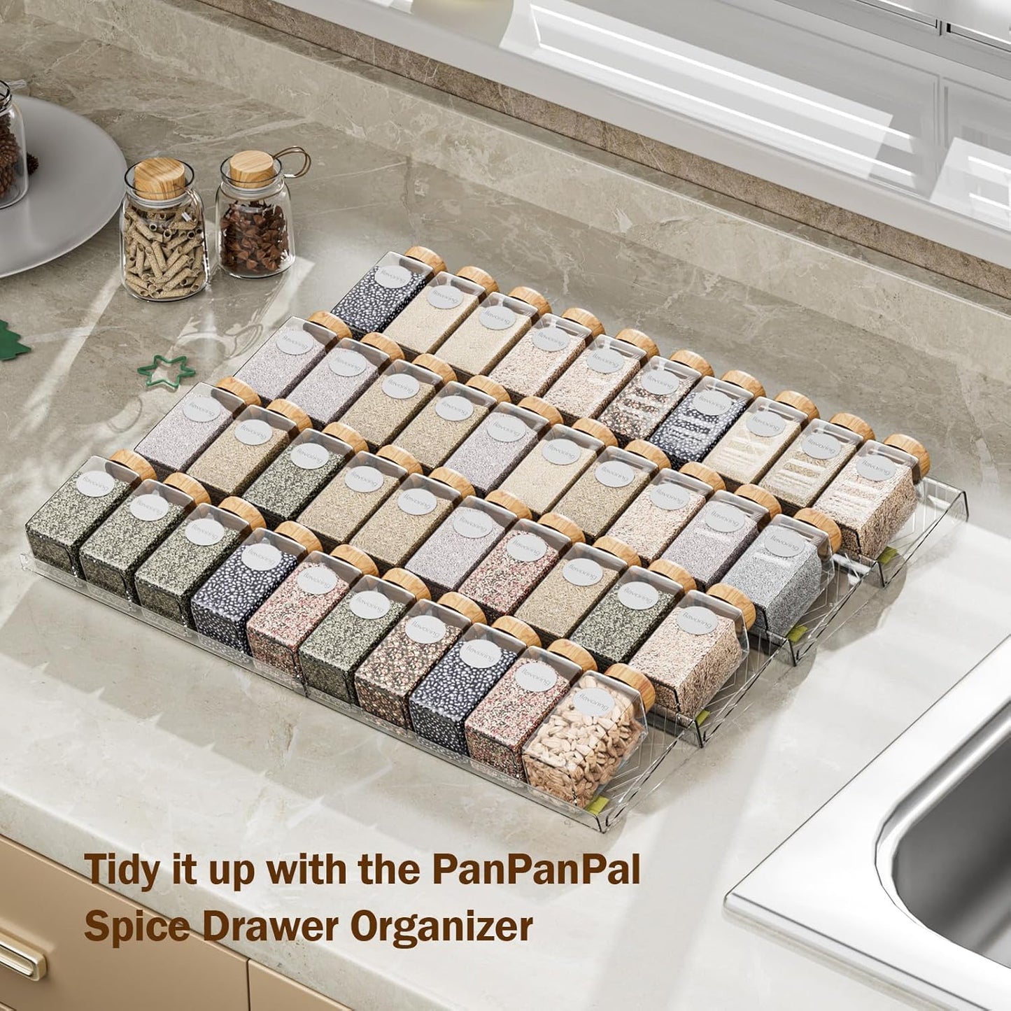 Spice Drawer Organizer, 8 Pack Clear Seasoning Organizer Rack, Kitchen Spice Rack Organizers for Drawer/Countertop (Jars Not Included, Expandable from 11" to 22" Wide)