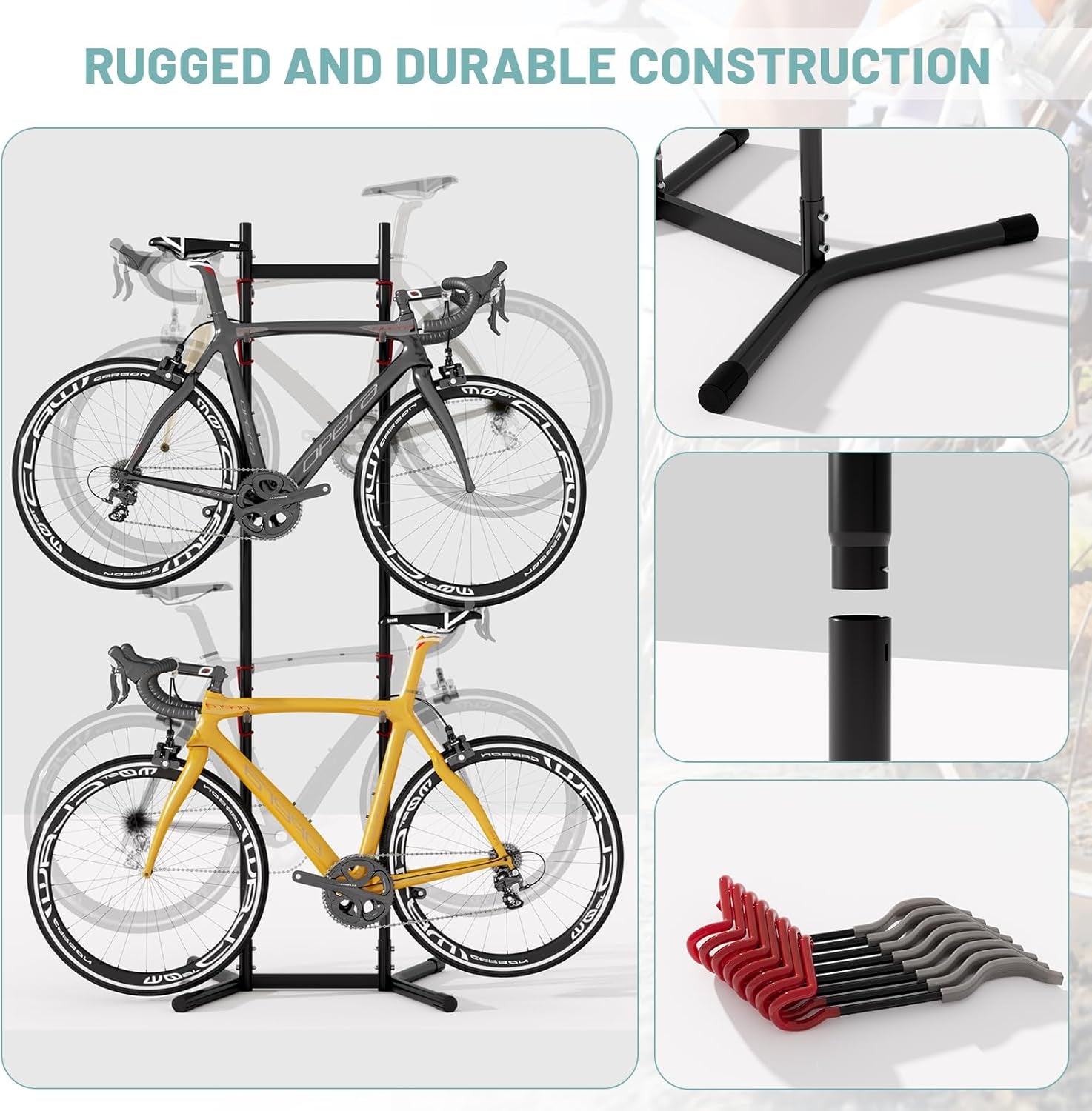 2-4 Bike Storage Rack Garage Max154Lbs, Freestanding Indoor Bike Rack with Adjustable Hooks, Vertical Bike Floor Stand for Road, Mountain and Hybrid Bike, Black