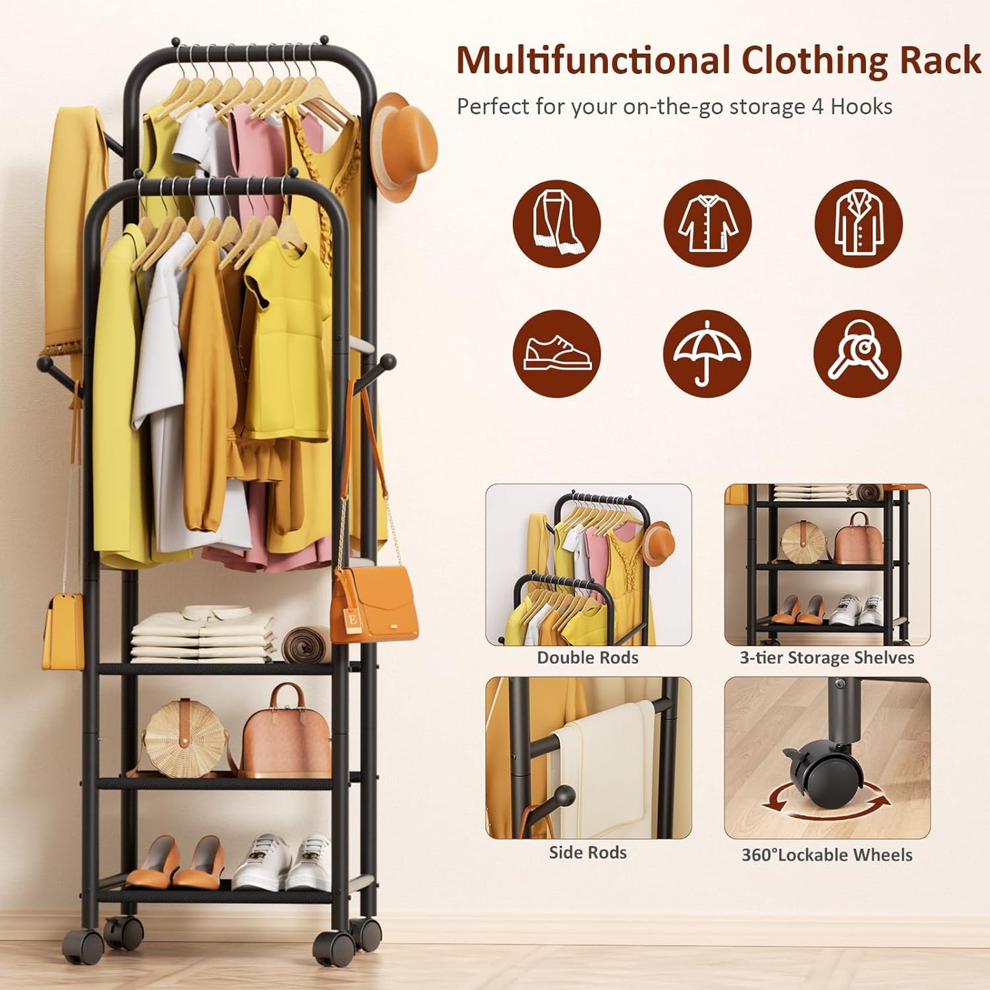 Rolling Clothing Racks for Hanging Clothes, Double Rods Clothes Rack with Wheels, Sturdy Coat Racks,Portable Metal Garment Rack for Bedroom Laundry Living Room, Black