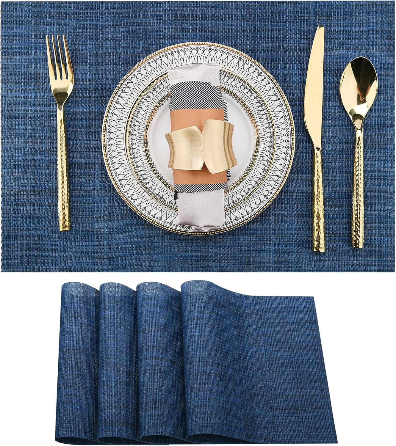 Navy Blue Vinyl Placemats Set of 4 - Washable and Heat Resistant Table Mats for Dining - 17 x 12 Inches