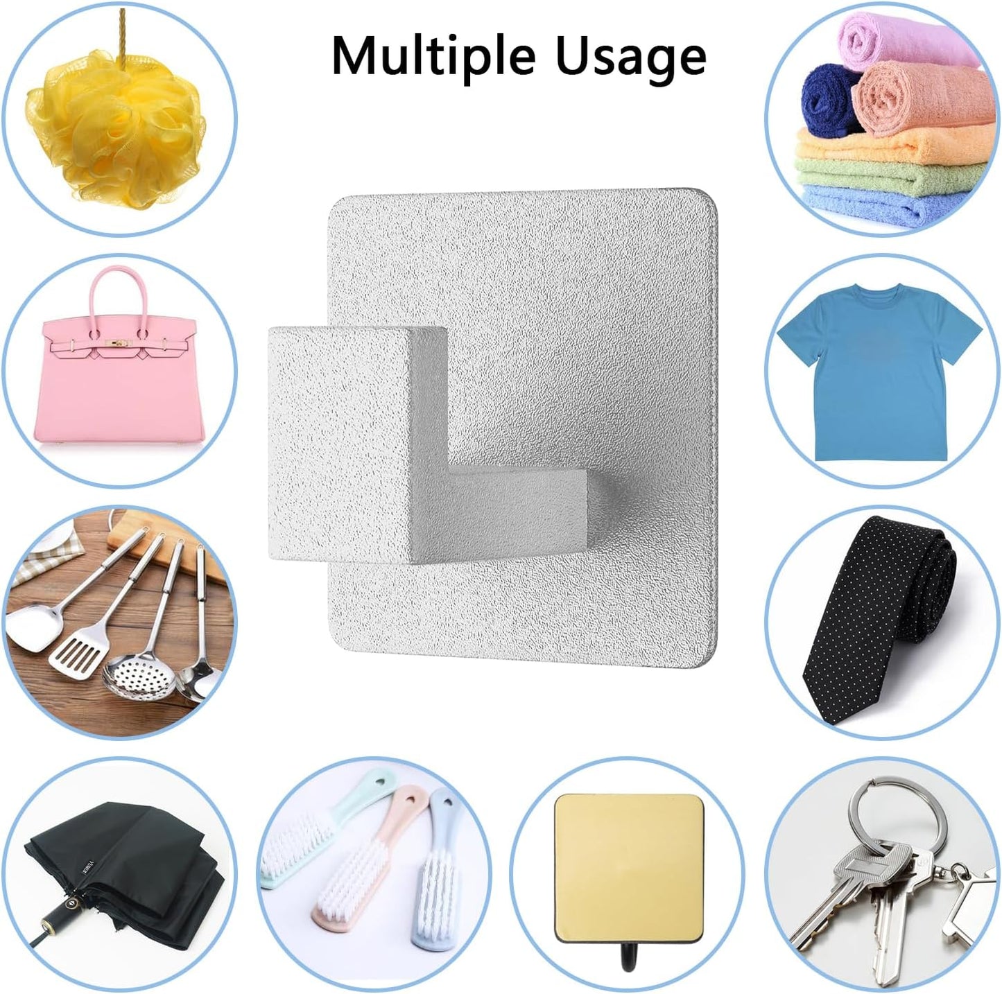 Adhesive Towel Hooks, Heavy Duty Wall Hooks Aluminum Black Hooks for Hanging Coat, Hat, Towel, Robe, Clothes, Shower Hook for Door, Office, Kitchen, Bathroom - 2 Pack (Silver)