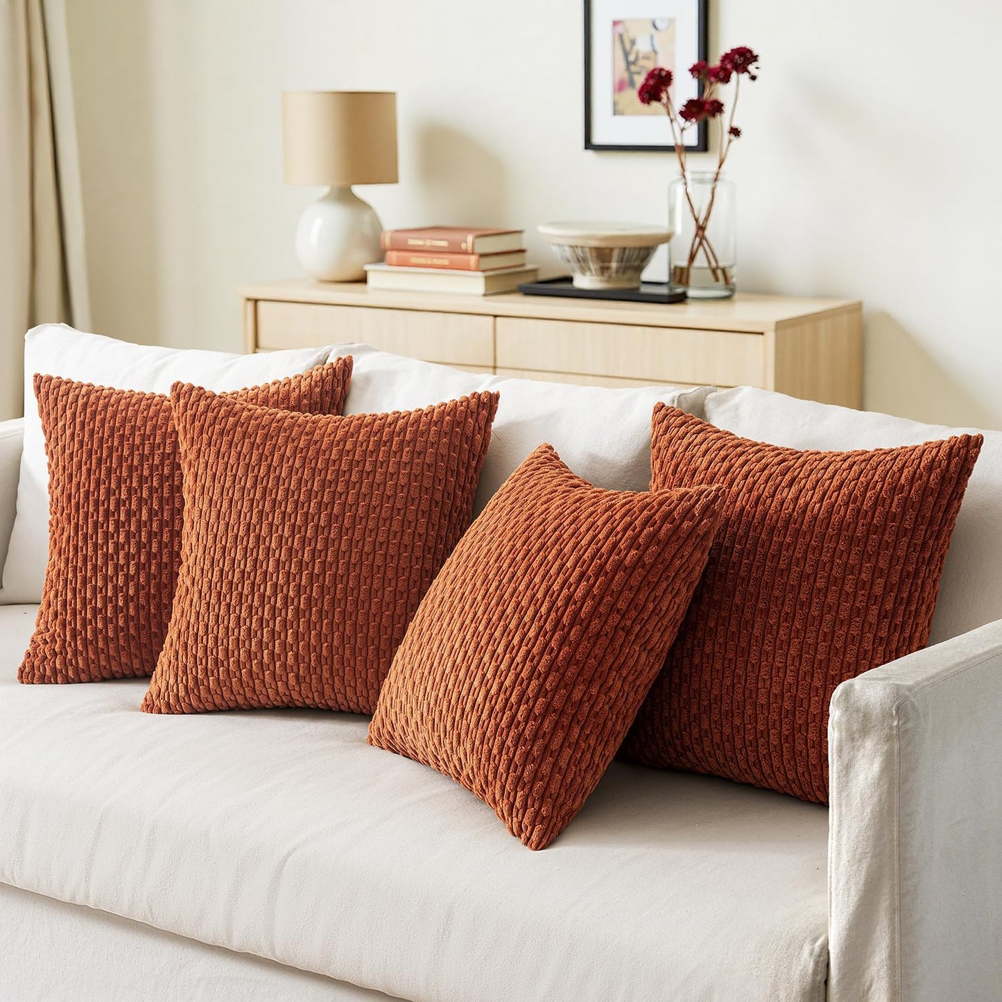 Fall Throw Pillow Covers Soft Couch Decorative Set of 4 Boho Striped Cushion Covers Corduroy Pillowcases Farmhouse Home Decor for Couch Bed Sofa Living Room 18X18 Inch Burnt Orange