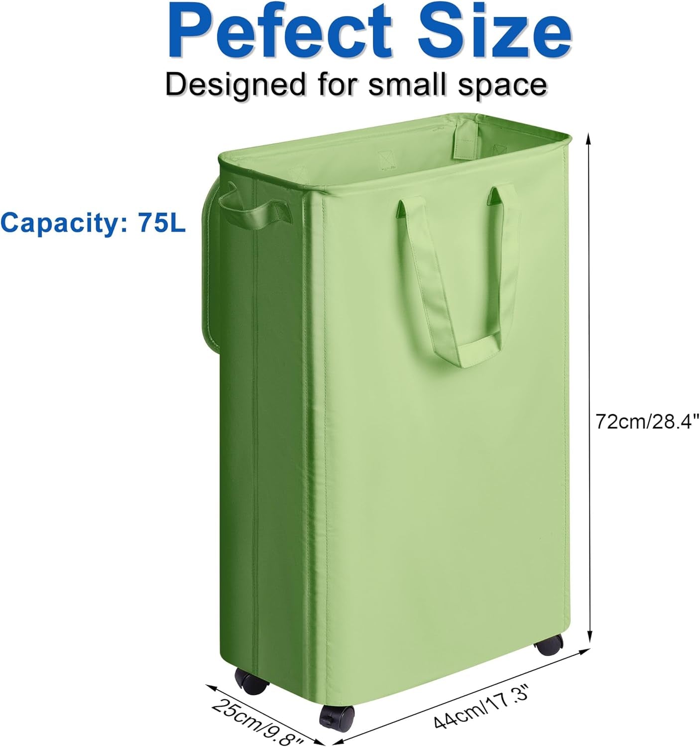 Slim Laundry Hamper with Lid and Wheels, Small Rolling Laundry Basket with Handle for Small Spaces, Tall Dirty Clothes Hampers for Dorm, Bathroom and Bedroom, 75L Sage Green