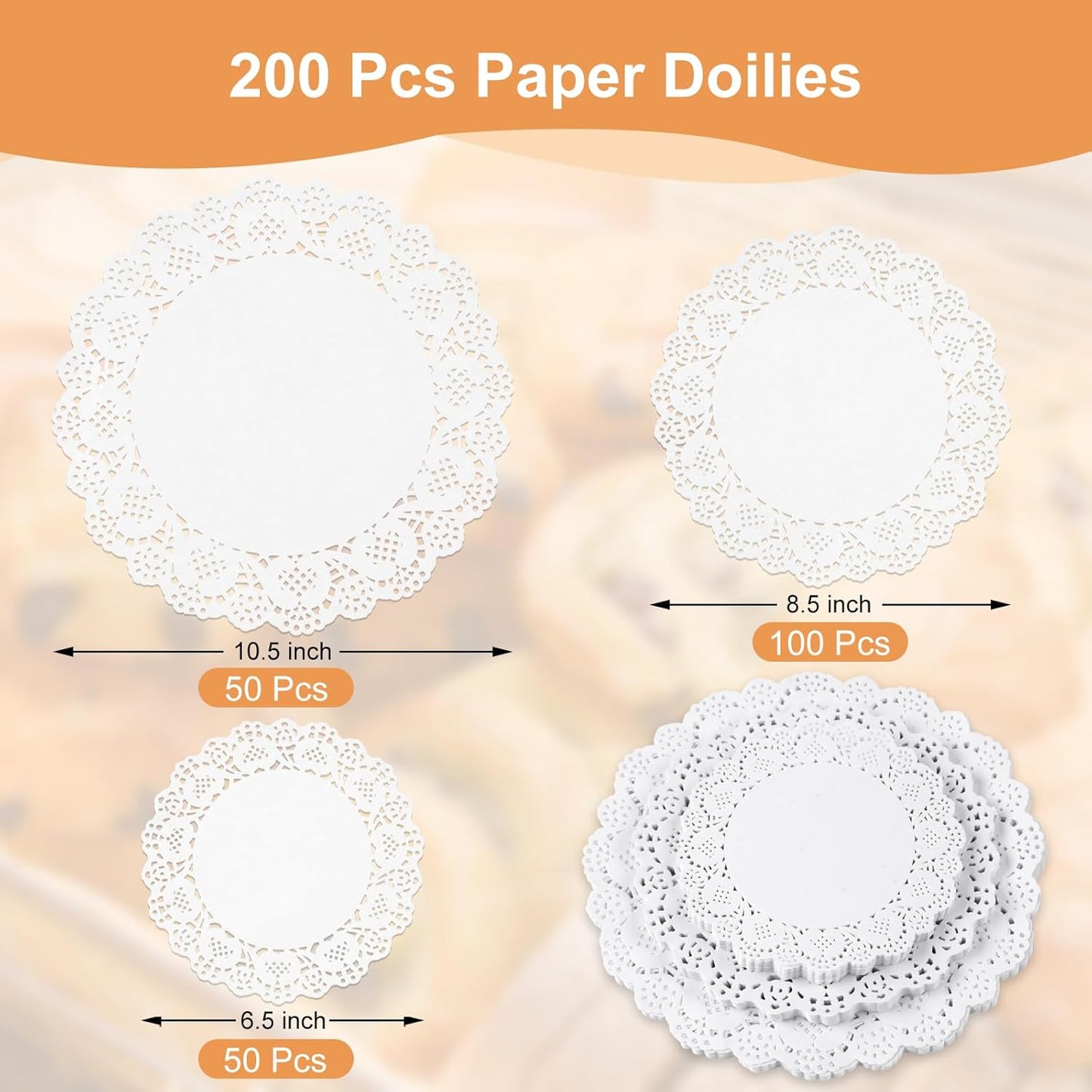 Paper Doilies, 200 Pack White Lace Doilies 6.5, 8.5, and 10.5 Inch for Food, Crafts, Baby Showers, Parties, Wedding, Birthday, Tableware Decoration