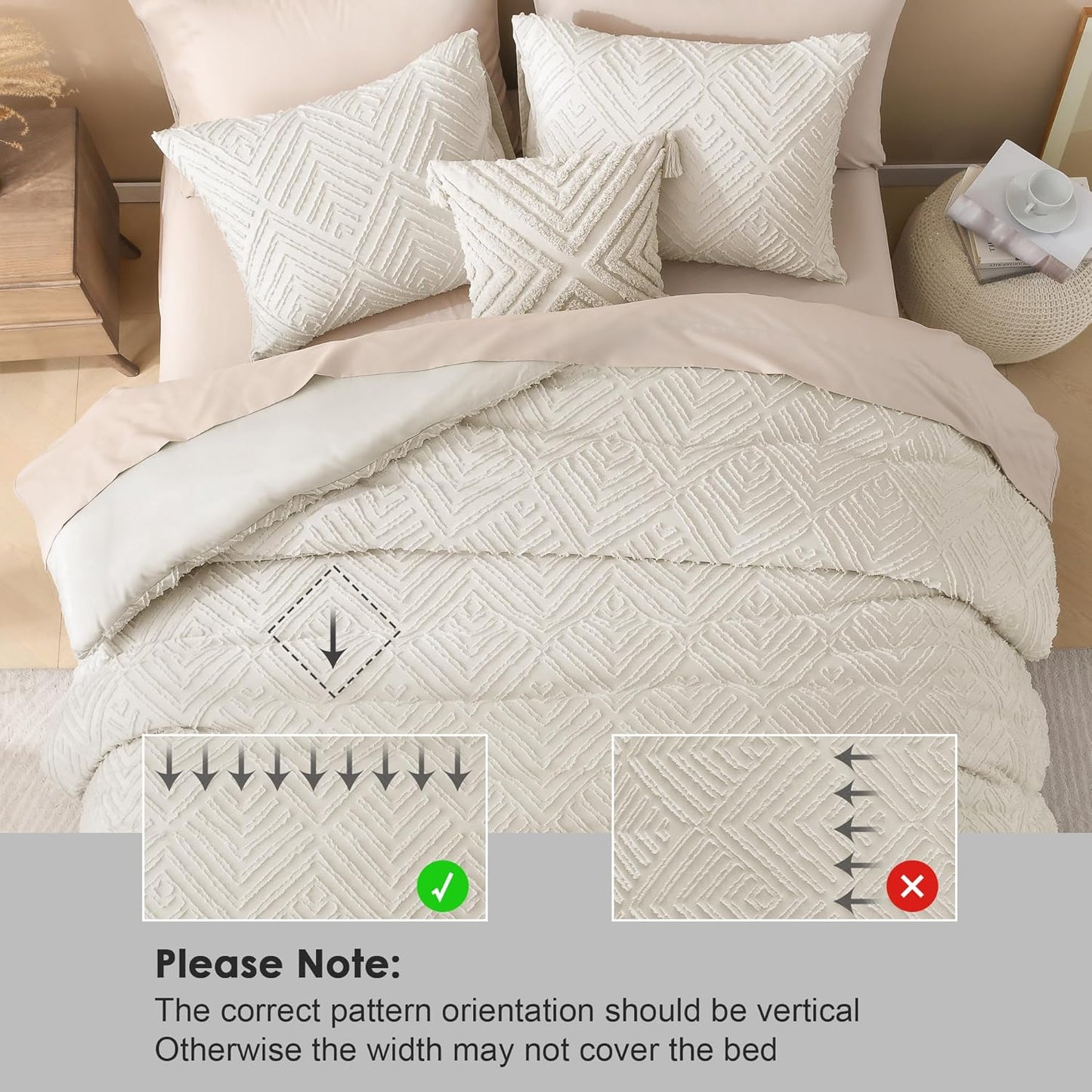 King Size Comforter Set Beige, 3 Pieces Cream Tufted Boho Farmhouse Bedding Comforter Sets, Lightweight Fluffy Comforter Bed Set for All Season (104X90In Comforter and 2 Pillowcases)