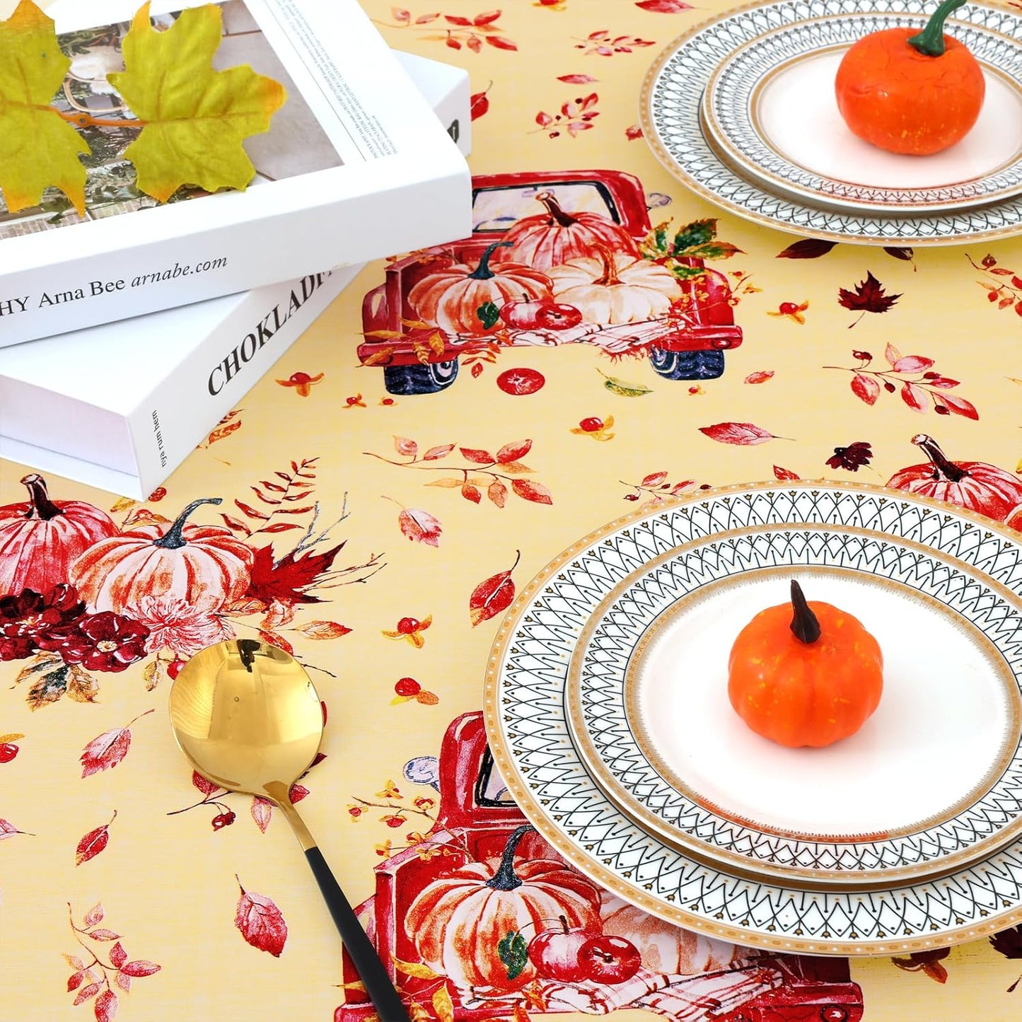 round Fitted Tablecloth with Elastic Edge, 100% Waterproof Oil Proof Plastic Table Cover, Vinyl Flannel Backed Tablecloth Fits 36"-44" round Tables for Fall, Thanksgiving, Pumpkin Truck