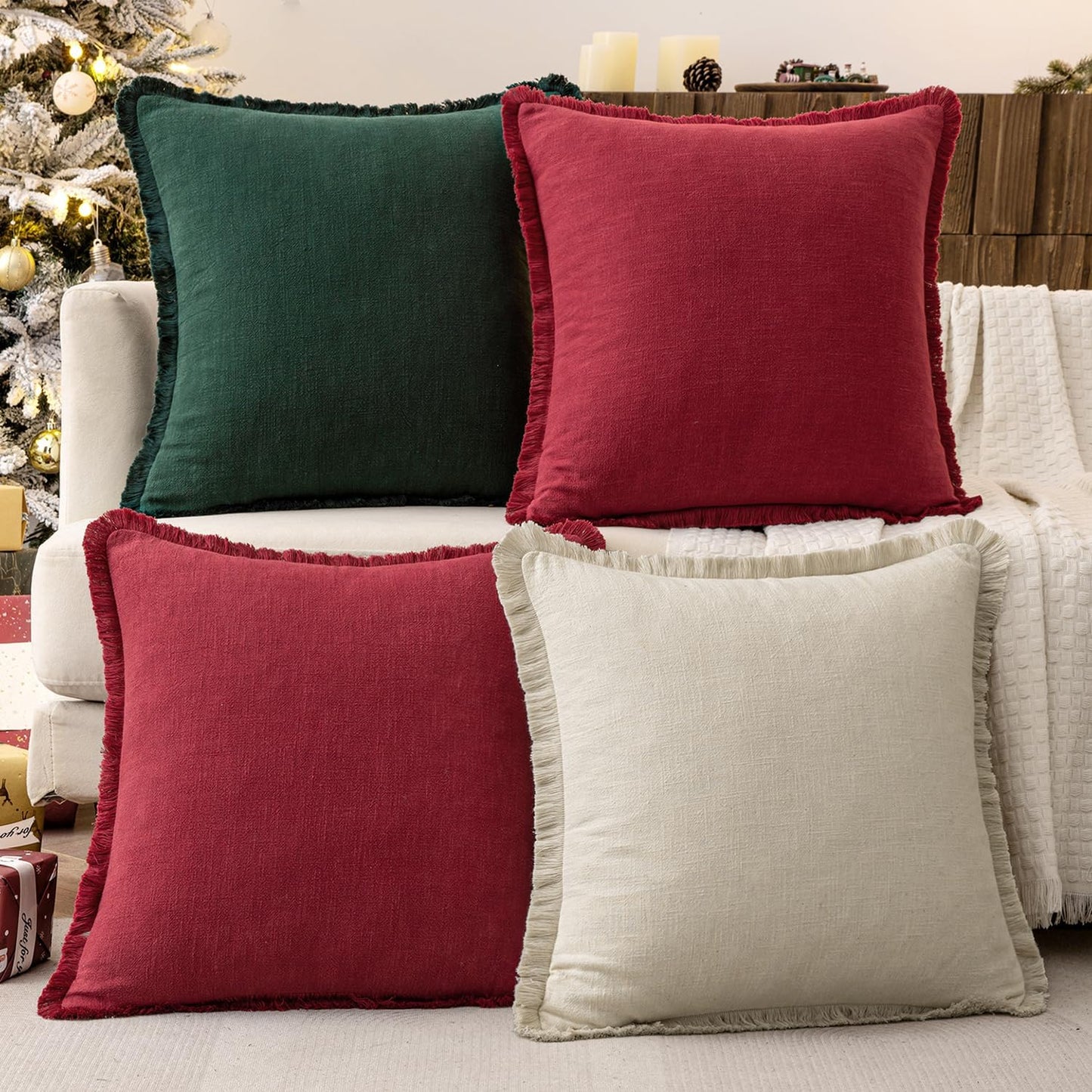 Linen Pillow Covers 18X18 Inch Decorative Throw Pillows with Fringe Pack of 4 Soft Farmhouse Boho Couch Pillows Home Decors for Sofa Cushion Living Room Bed Dark Green and Burgundy
