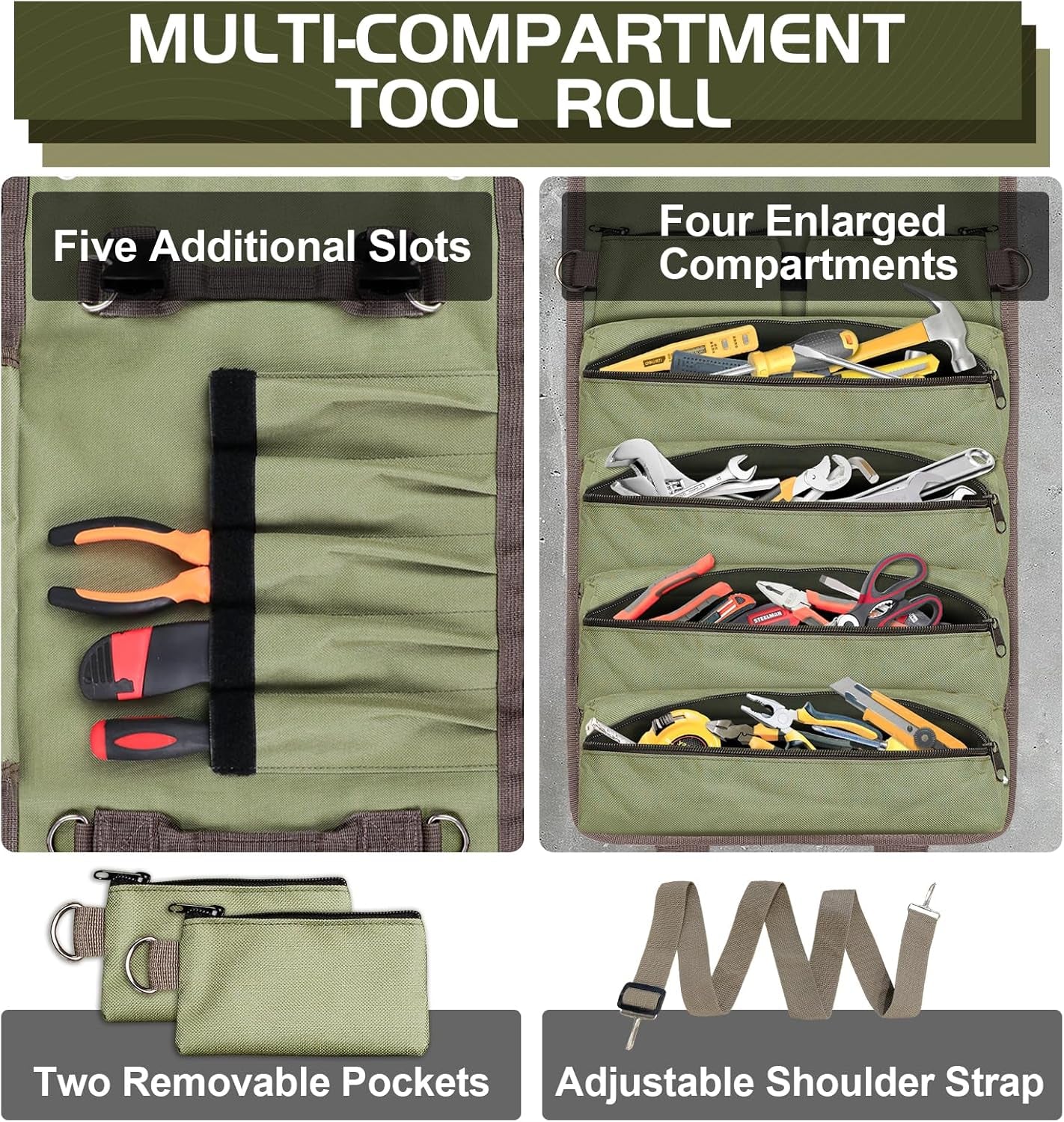 Roll up Tool Bag - Heavy Duty Green Motorcycle Tool Roll, Portable Tool Box Organizer Storage for Mechanics, Electricians, Diyers, Ideal Kit for Men, Father, Birthdays, Holidays