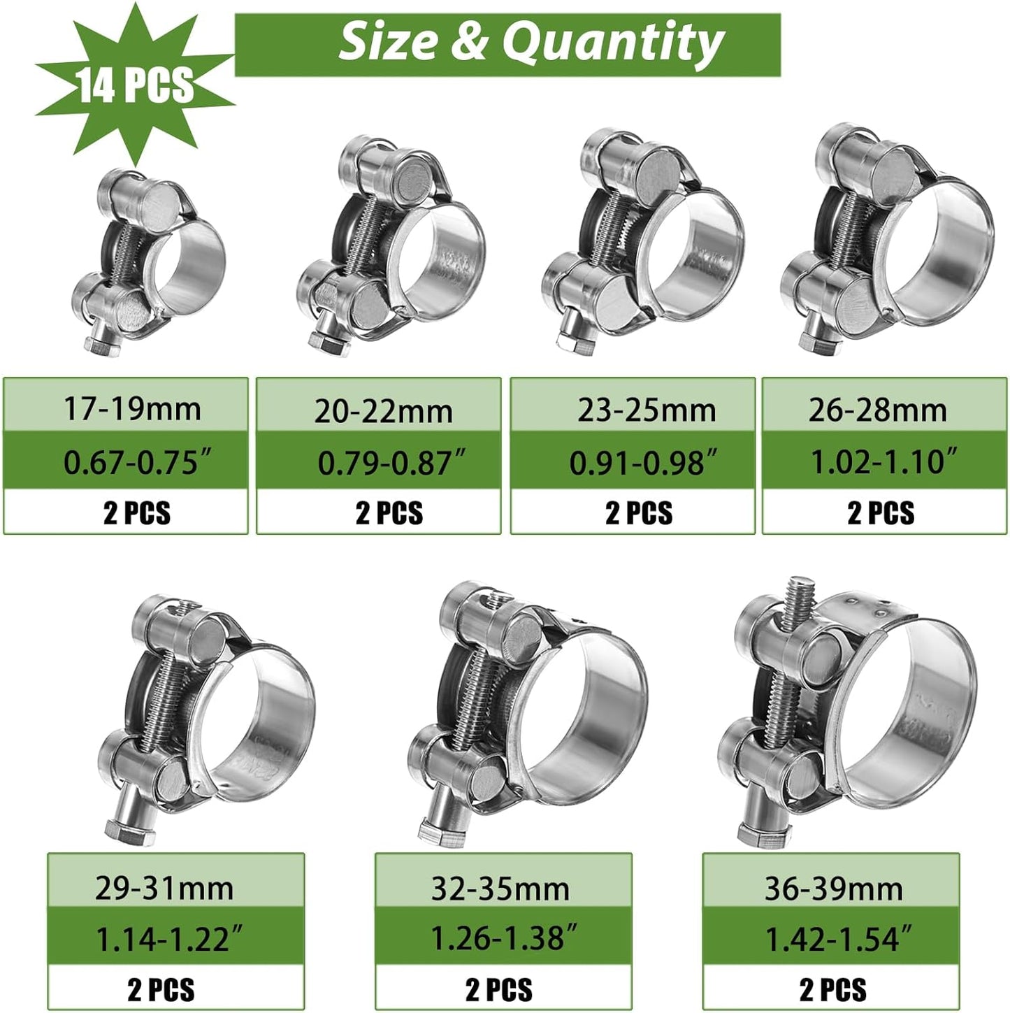 14-Piece Stainless Steel T-Bolt Hose Clamp Set, 7 Size Variations for Turbo Intake, Heavy-Duty Intercooler Pipe and Radiator Hose Applications (17-39mm)