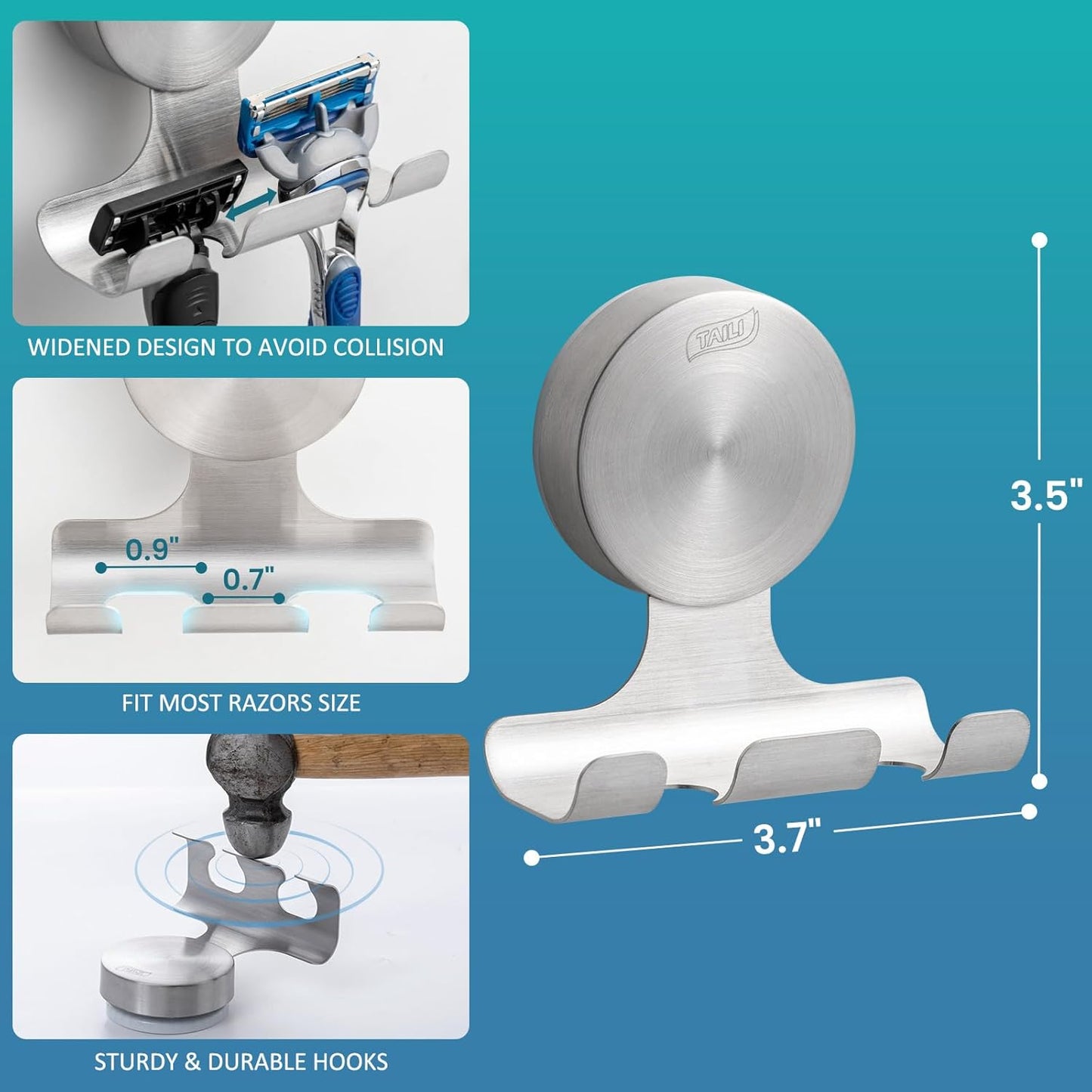 2 Pack Powerful Suction Cup Razor Holder, 304 Stainless Steel Bathroom Suction Hooks for Towel, Loofah, Bathrobe, Stylish Shaver Holder for Shower Wall, Easy to Install and Reuse, Silver