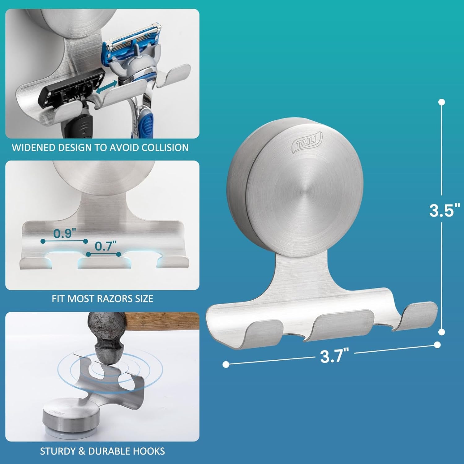 2 Pack Powerful Suction Cup Razor Holder, 304 Stainless Steel Bathroom Suction Hooks for Towel, Loofah, Bathrobe, Stylish Shaver Holder for Shower Wall, Easy to Install and Reuse, Silver