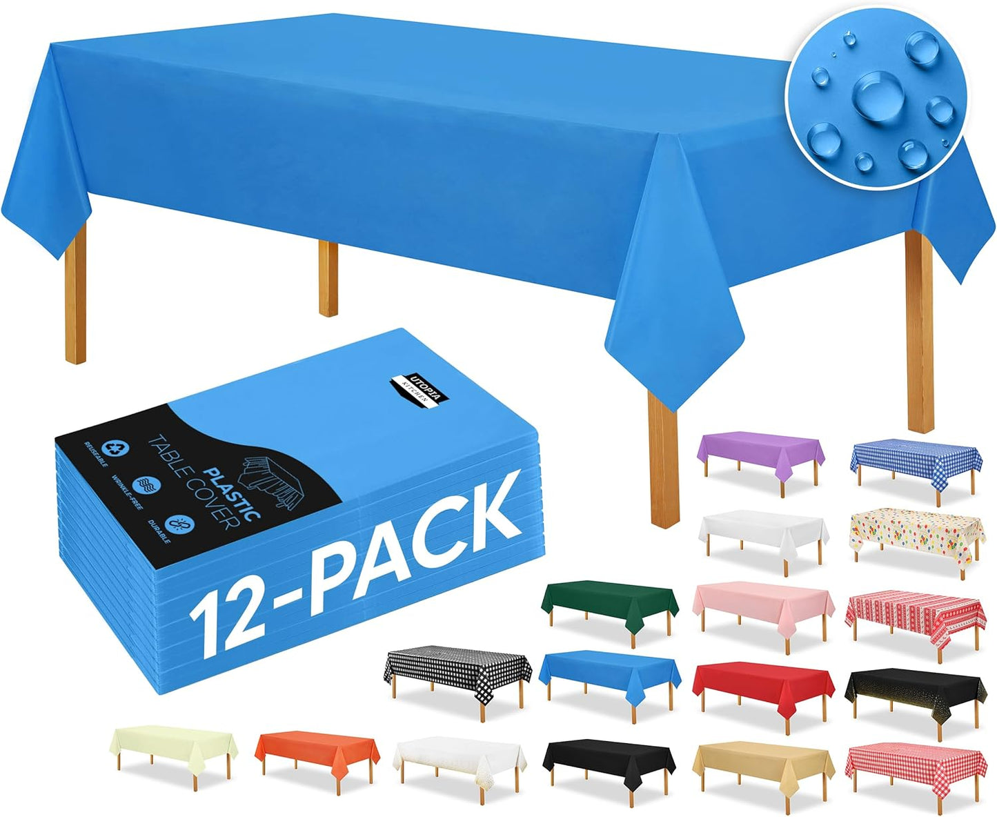 Plastic Table Cloth Disposable (12 Pack - 54X108 Inch) Blue Rectangle Tablecloth Waterproof Stain Resistant Party Table Cover
