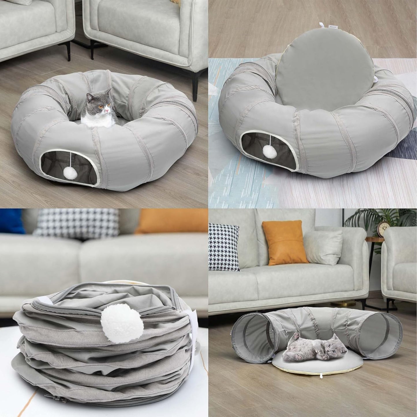 Cat Play Tunnel - round Cat Tunnel with Bed | Interactive Cat Toys for Indoor Cats Kitten Kitty Puppy Rabbit Ferret (Light Grey)