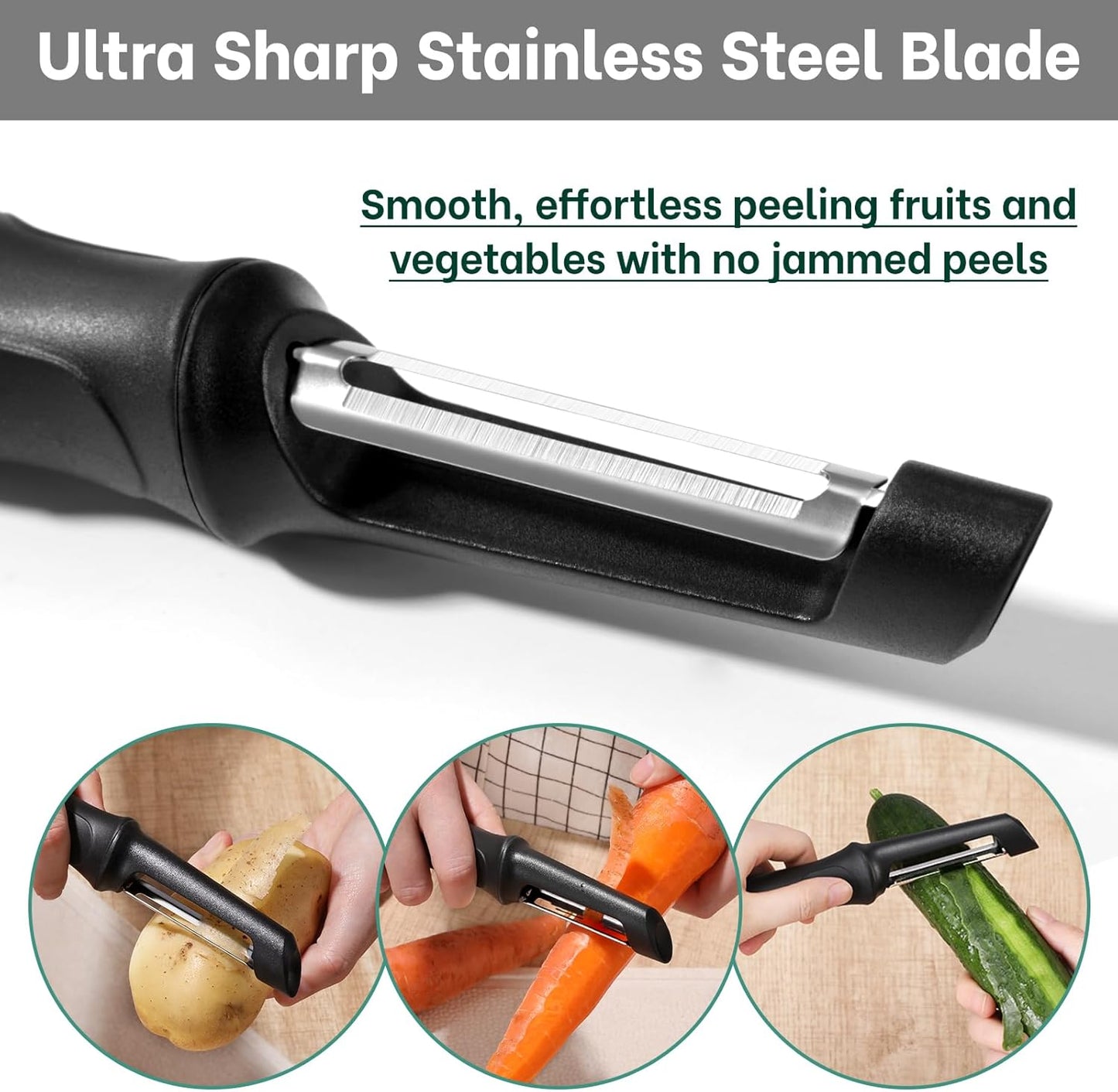Swivel Vegetable Peeler, Razor-Sharp Smooth Peeling Stainless Steel Blades, Ergonomic Comfort Non-Slip Rubber Handle, Durable Kitchen Peeler Tool with Potato Eye Remover, Dishwasher Safe, Black
