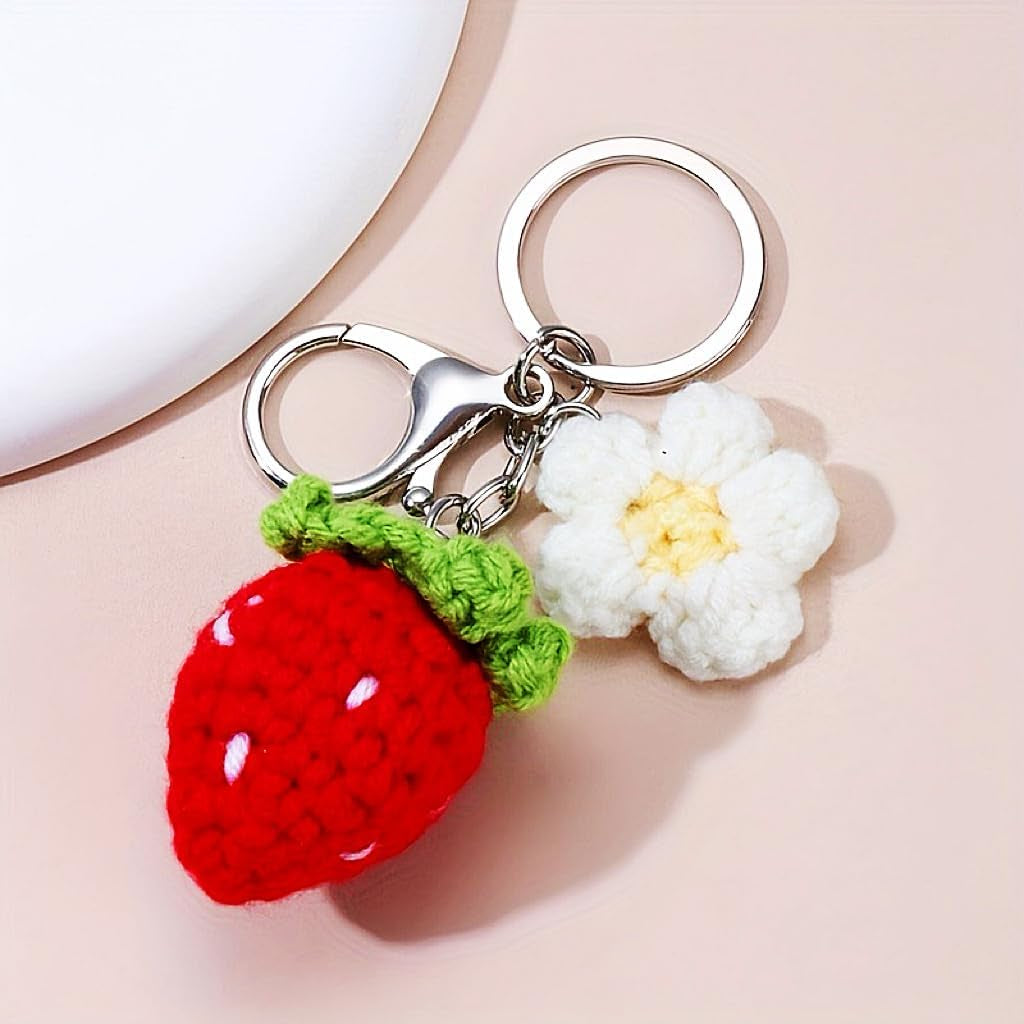 Strawberry Crochet Keychain Cute Handmade Plush Strawberry Charm Chain for Purse Bag Backpack Decoration
