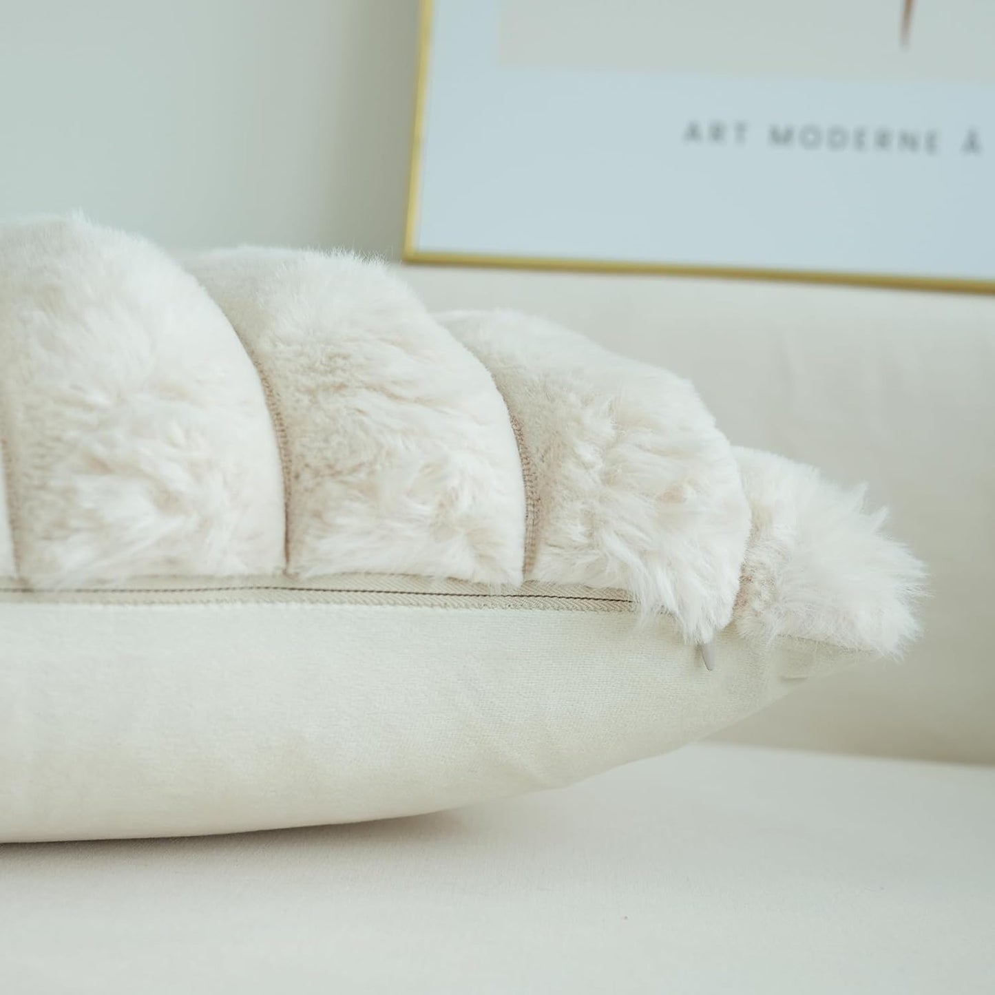 Pack of 2 Faux Fur Plush Decorative Throw Pillow Covers Couch Cushion Case Soft Fluffy Pillowcases Wide Stripe (Beige, 18 X 18 Inch)