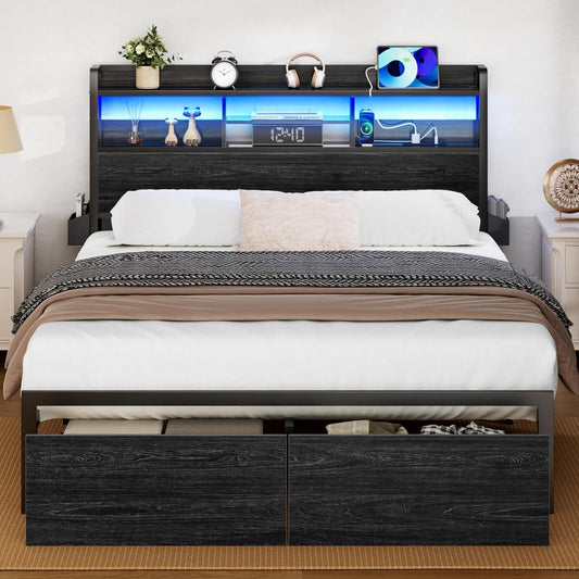 Full Size Metal Platform Bed Frame with Wooden Headboard, Integrated Storage Drawers, Shelf, LED Lighting, Charging Station, No Box Spring Required, Noise-Free, Black