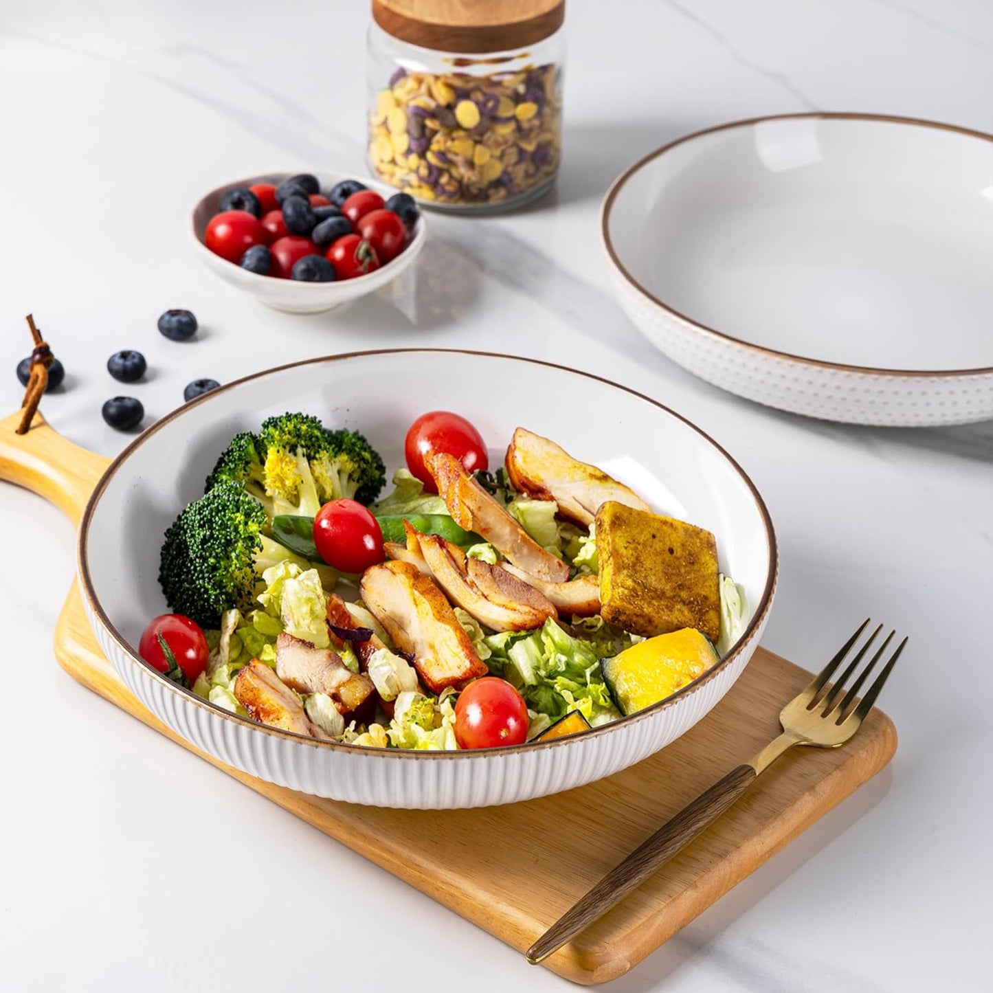 Set of 4 Off-White 9.5'' Large Stoneware Pasta and Salad Bowls - 42 Ounce Ceramic Serving Bowls with Textured Design for Pasta, Fruit, Stews, and Noodles - Ideal Housewarming Gift