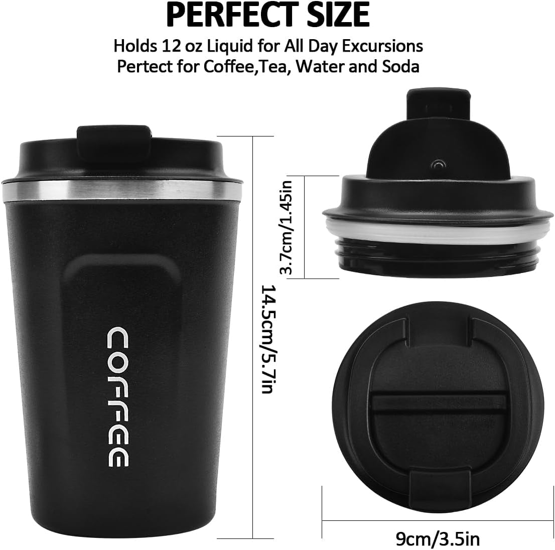 12 Oz Stainless Steel Vacuum Insulated Tumbler - Coffee Travel Mug Spill Proof with Lid - Coffee Cup for Keep Hot/Ice Coffee,Tea and Beer (Black)